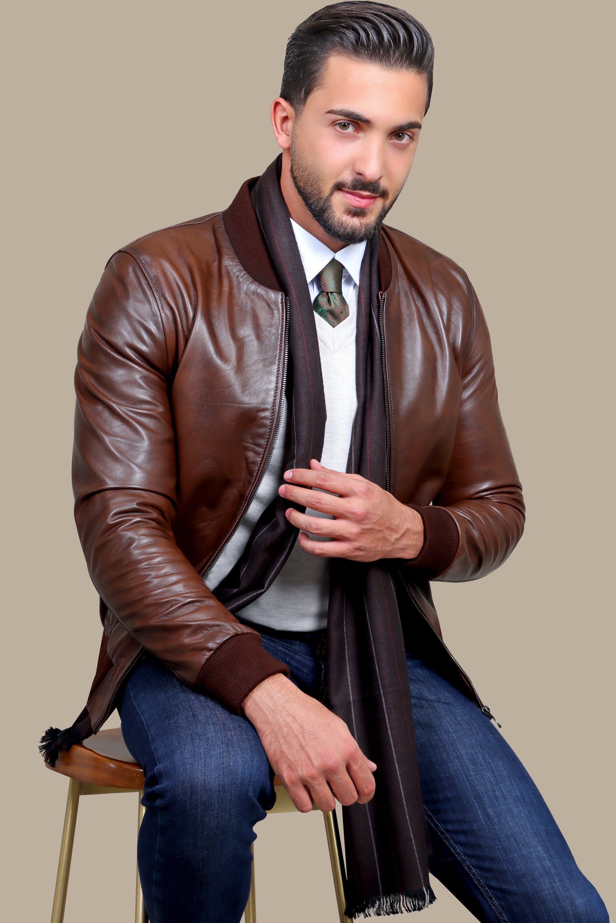 Brown Real Leather Basic Col Mao Jacket