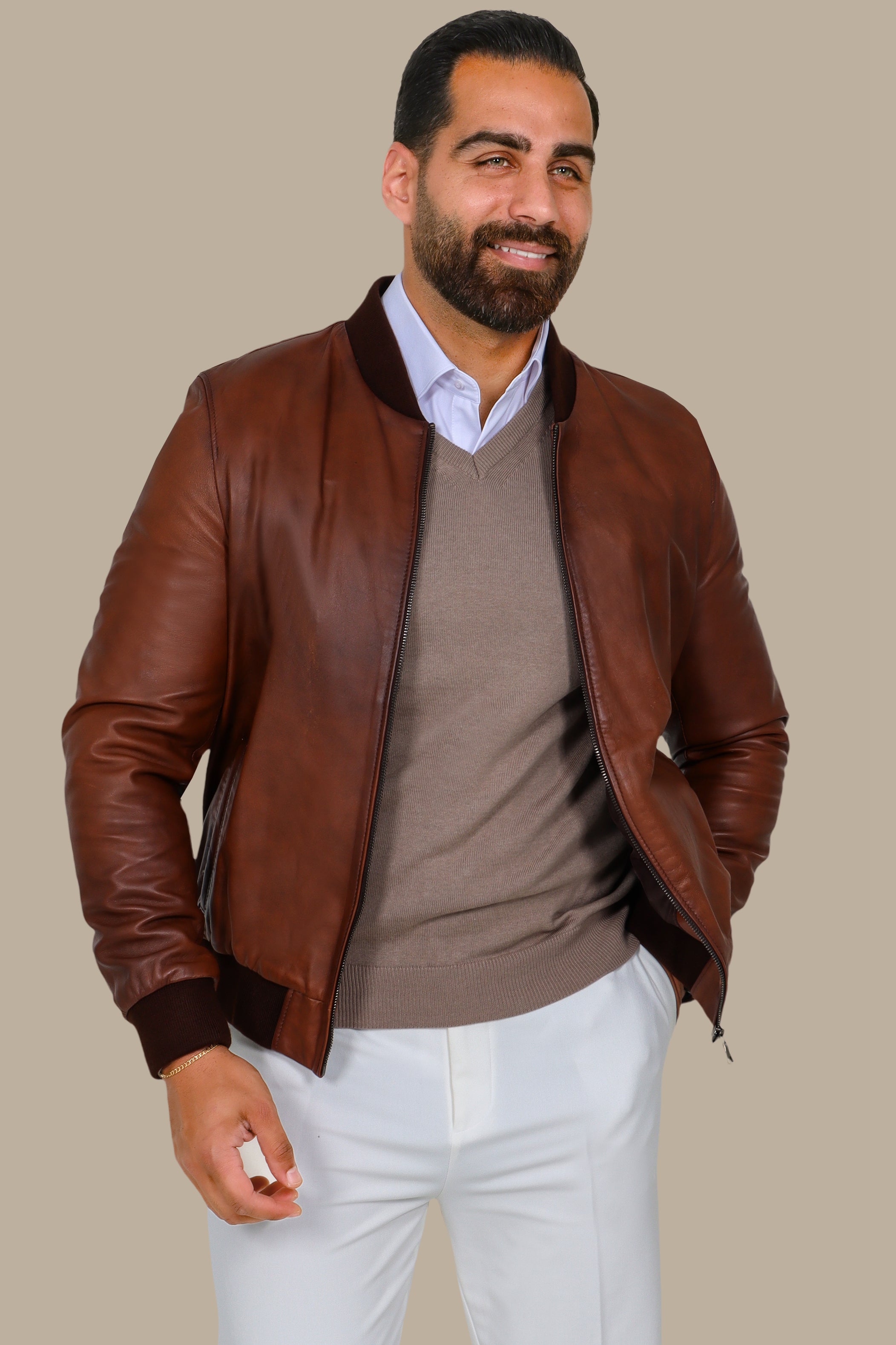 Havane Basic Mao Collar Real Leather Jacket