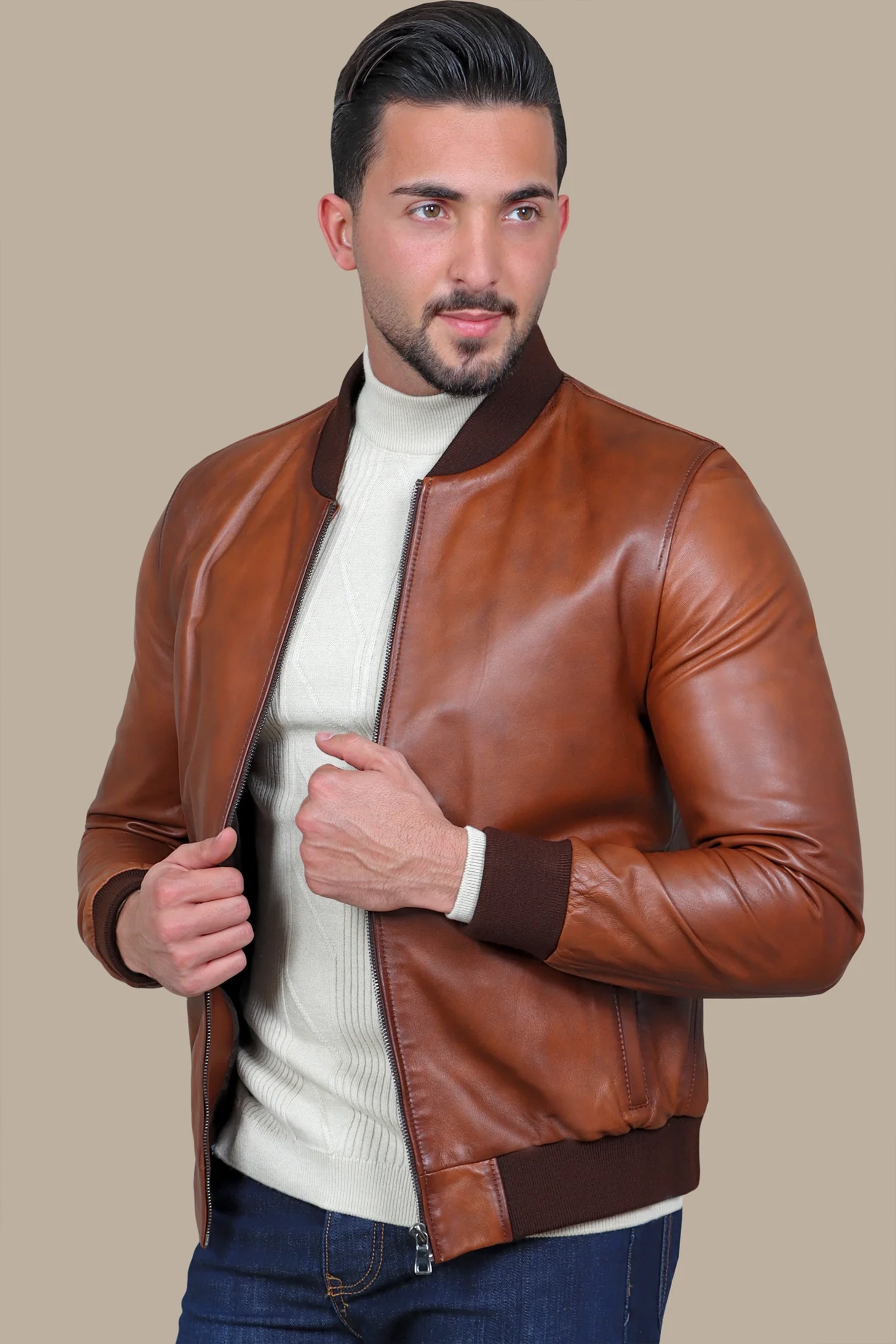 Havane Basic Mao Collar Real Leather Jacket