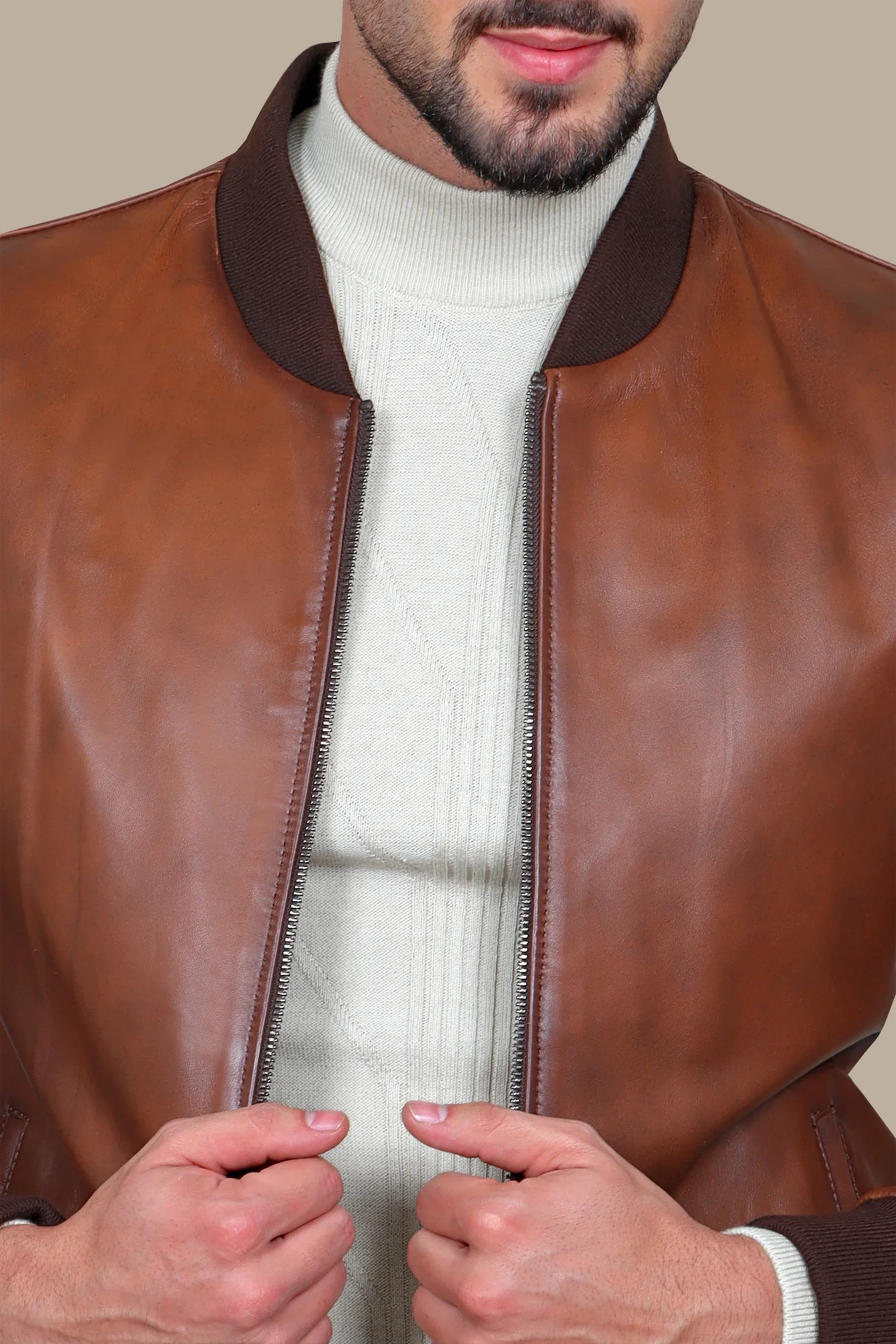 Havane Basic Mao Collar Real Leather Jacket