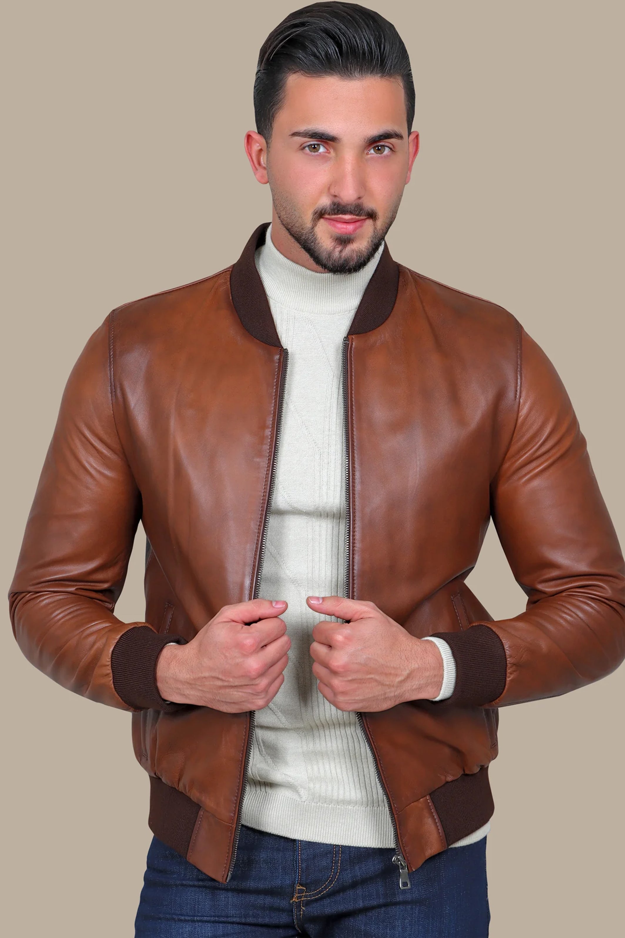 Havane Basic Mao Collar Real Leather Jacket