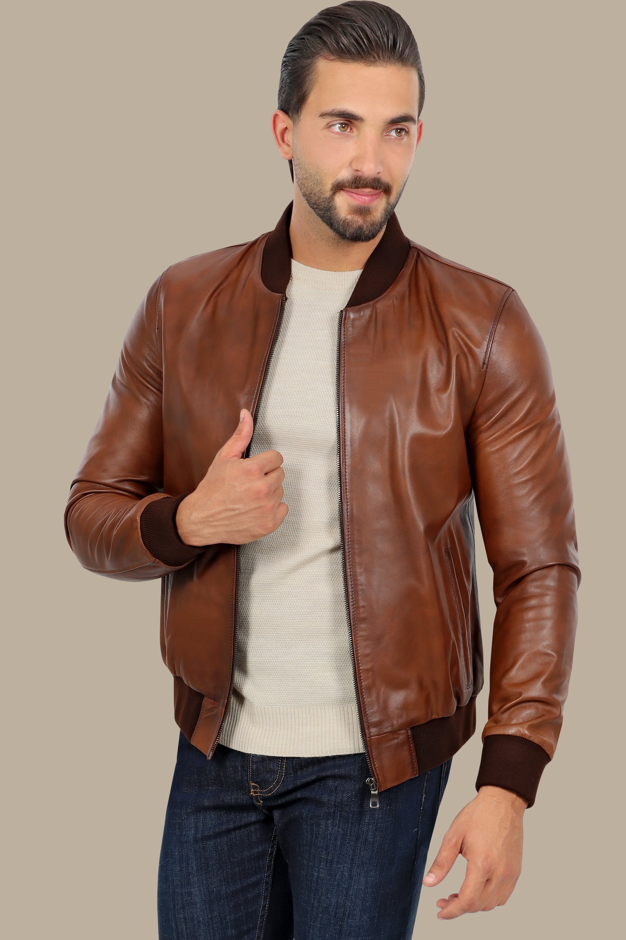 Havane Basic Mao Collar Real Leather Jacket