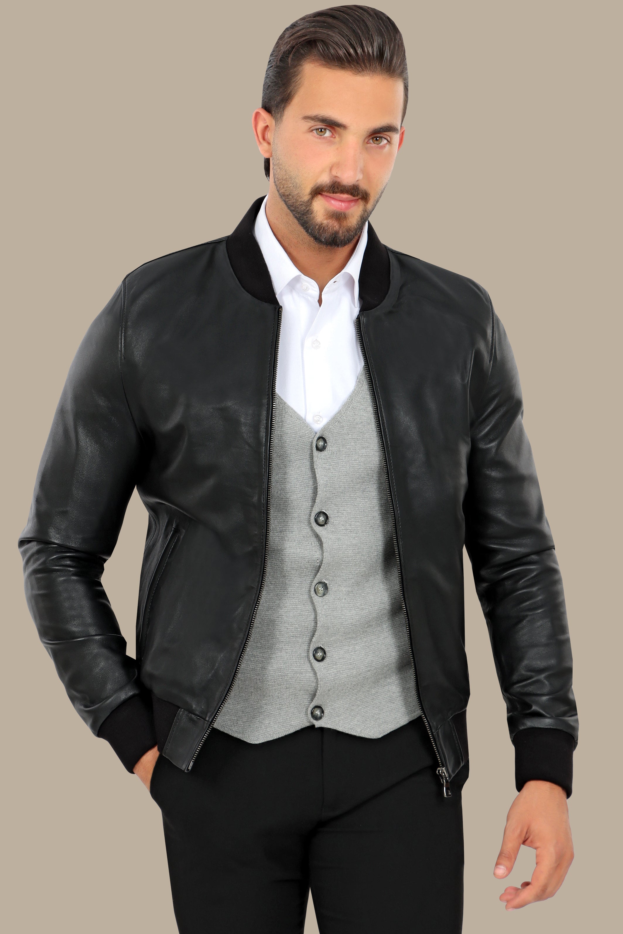 Black Basic Mao Collar Real Leather Jacket