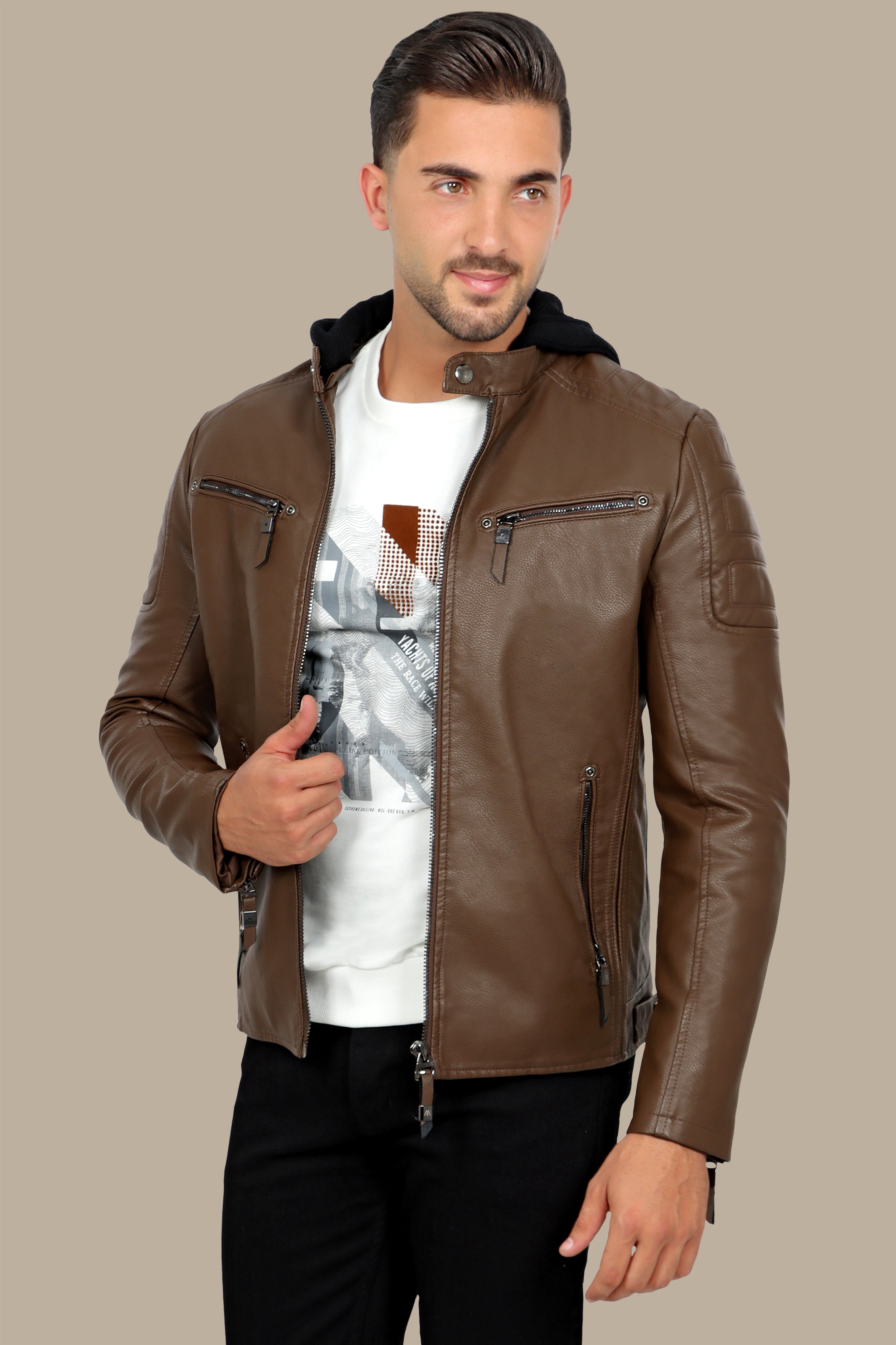 Camel Faux Leather Rider Jacket with Detachable Hoodie