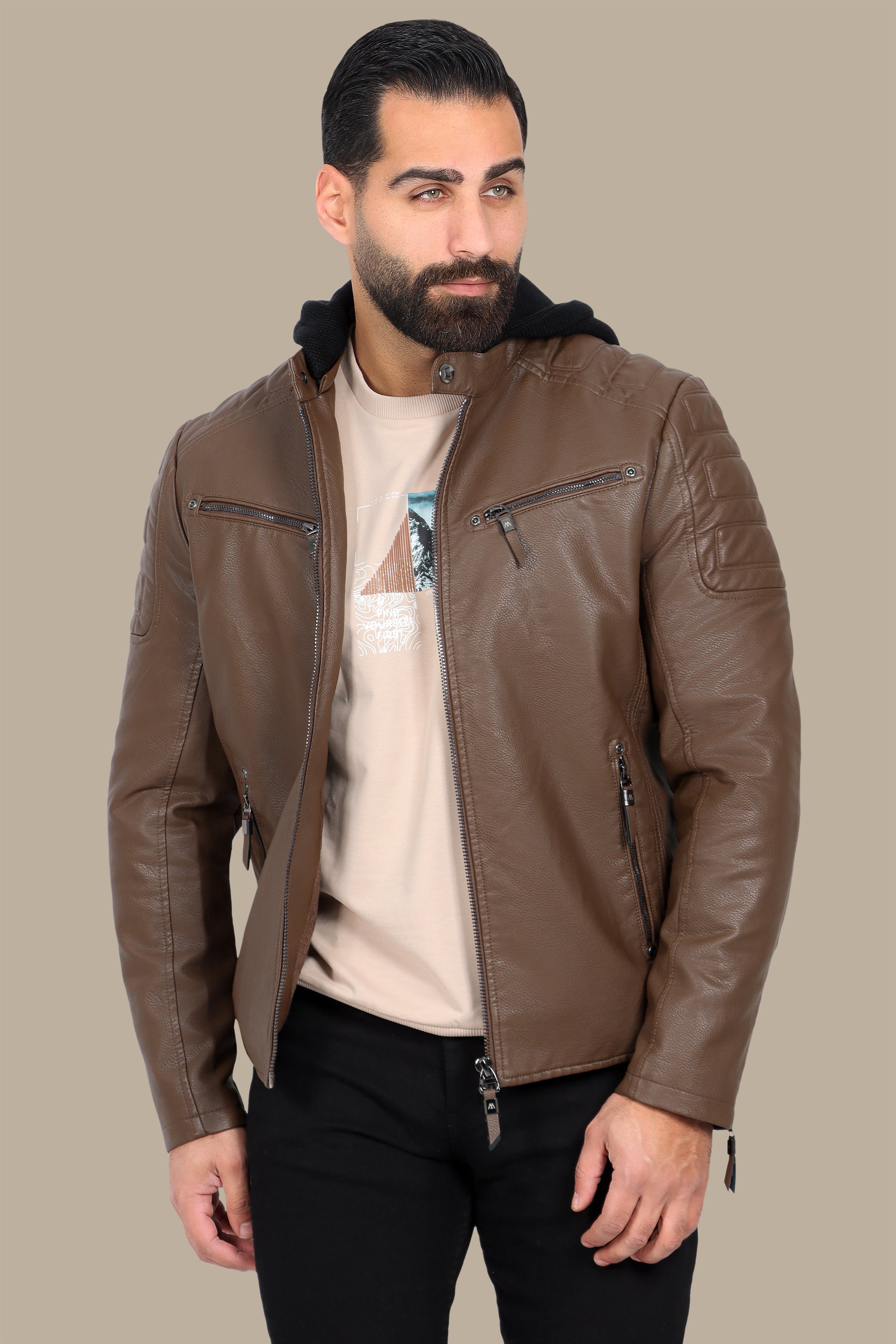 Faux Leather Rider Jacket with Detachable Hoodie in Camel