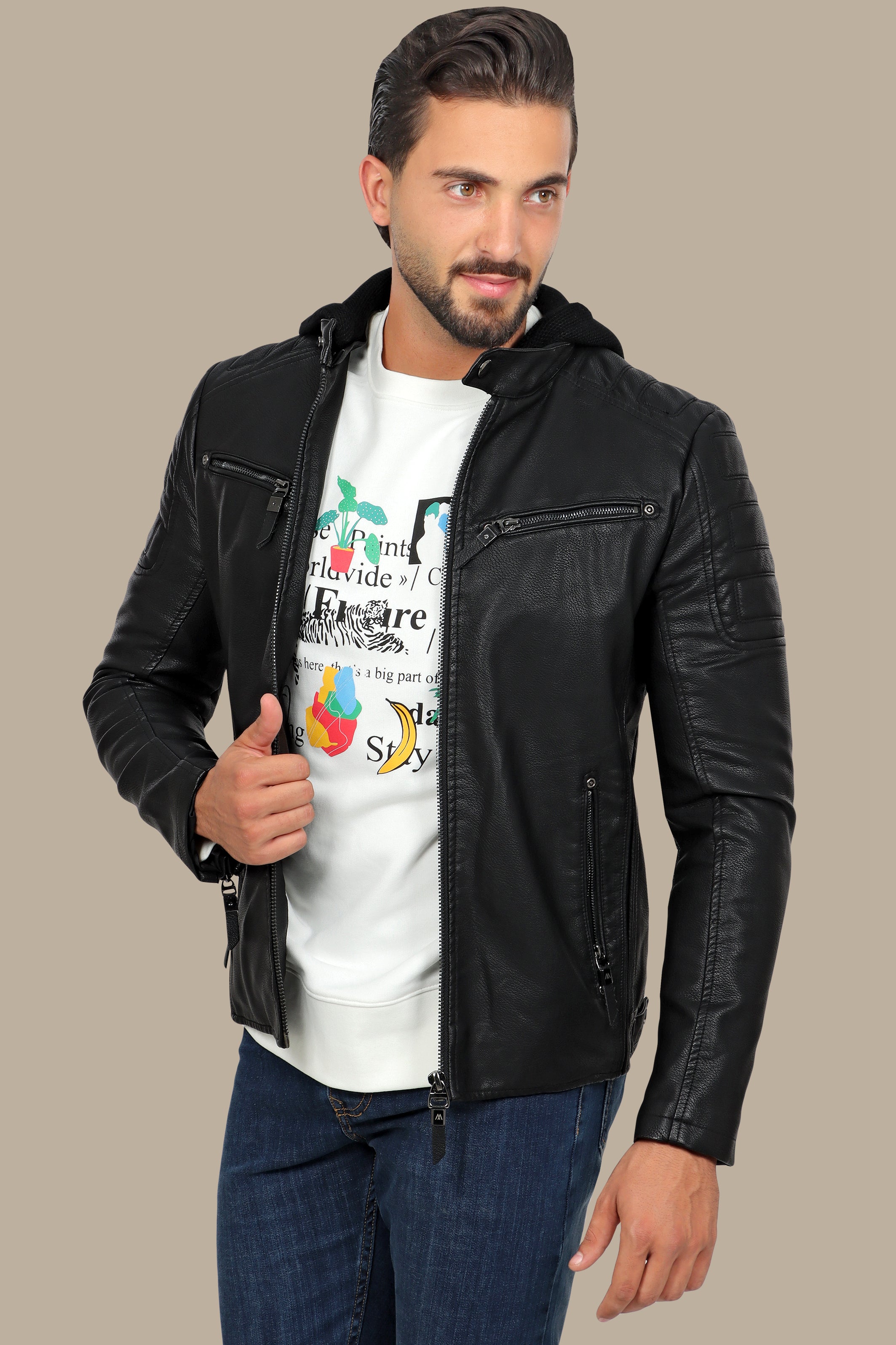 Black Faux Leather Rider Jacket with Detachable Hoodie