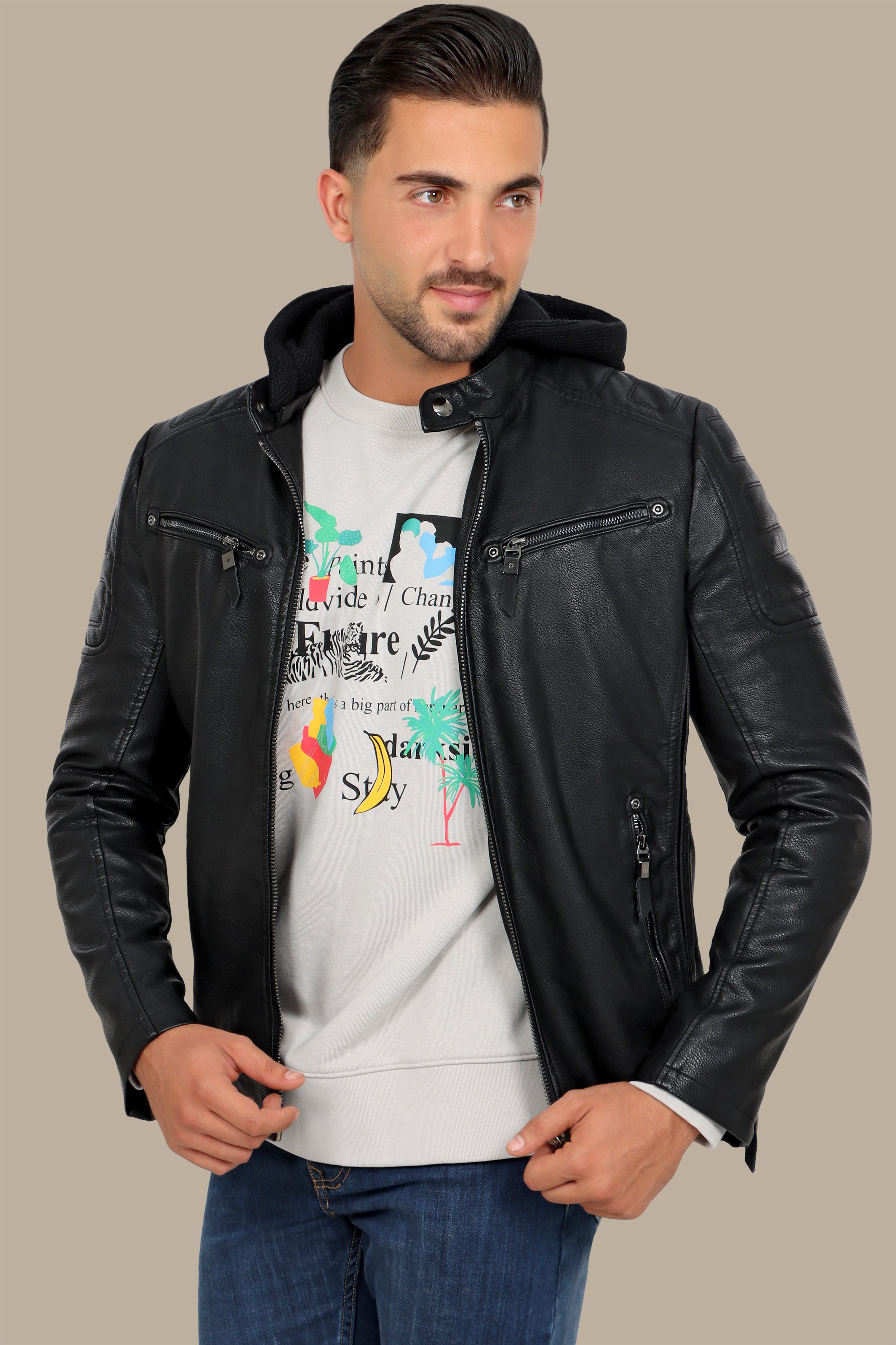 Black Faux Leather Rider Jacket with Detachable Hoodie