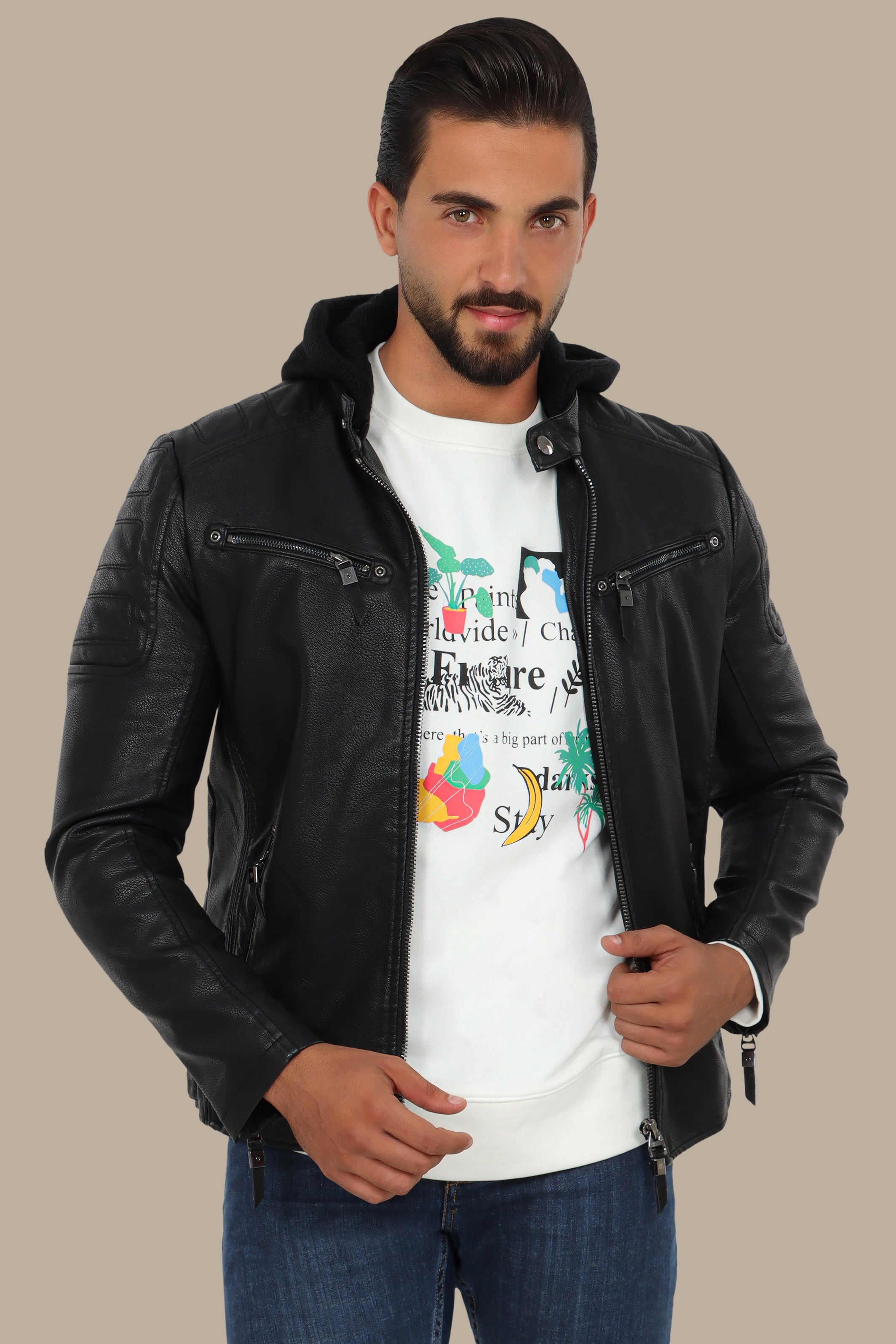 Black Faux Leather Rider Jacket with Detachable Hoodie