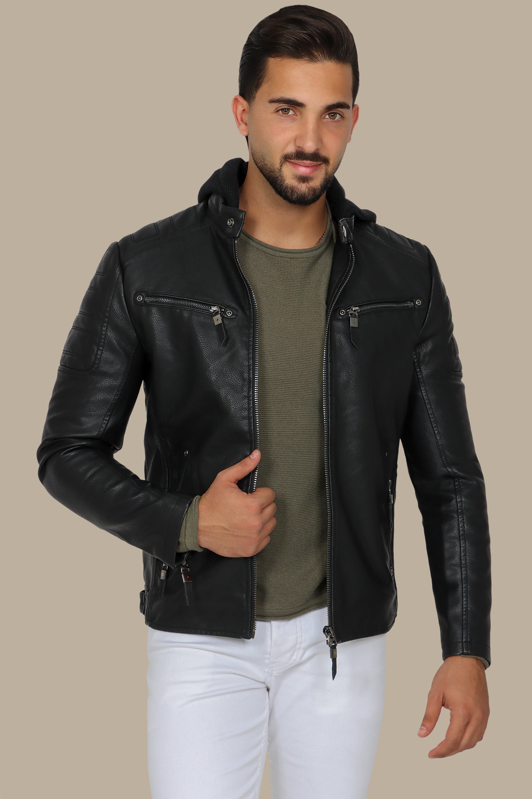 Black Faux Leather Rider Jacket with Detachable Hoodie