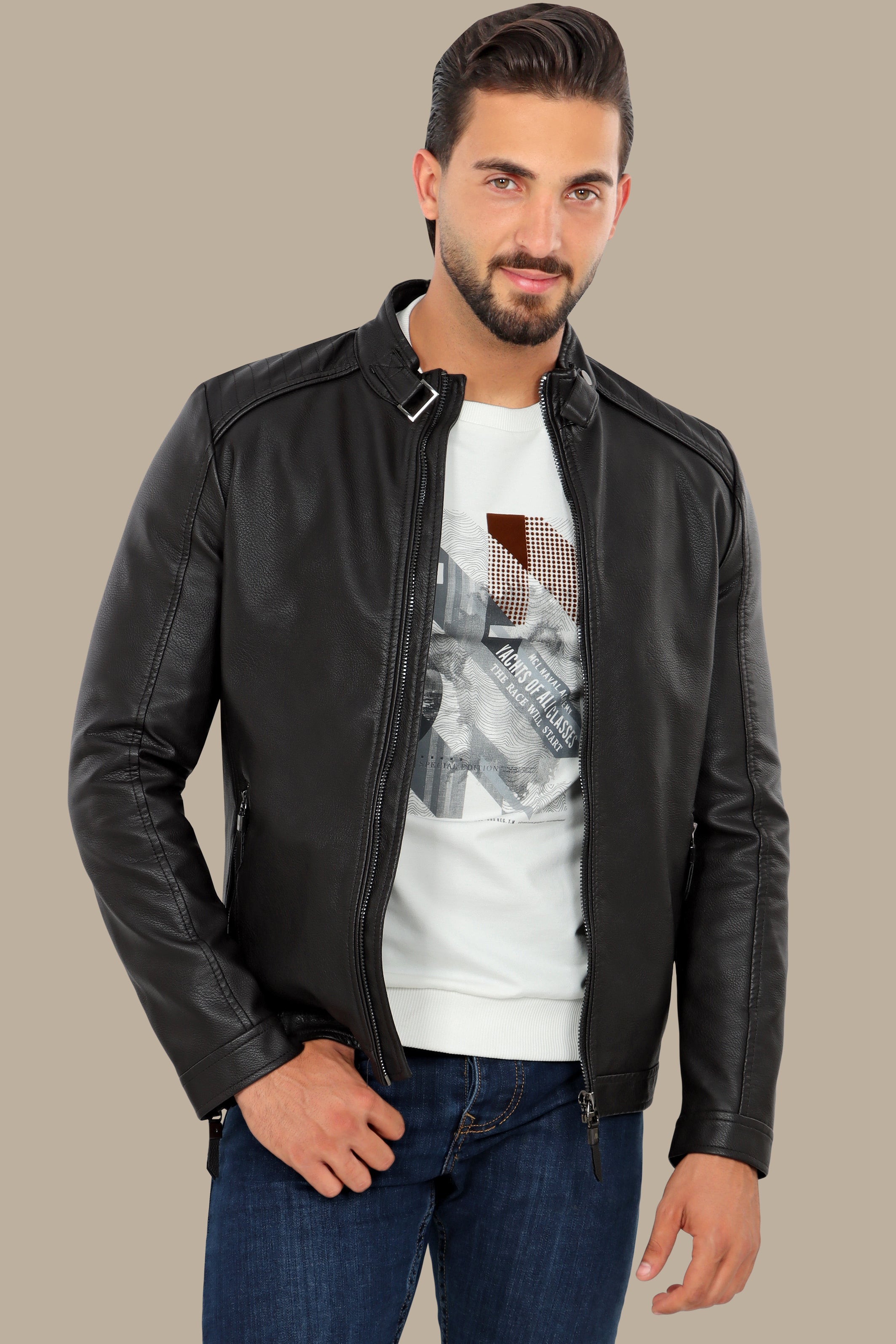 Jacket Faux Leather Col Mao with Buckle | Brown