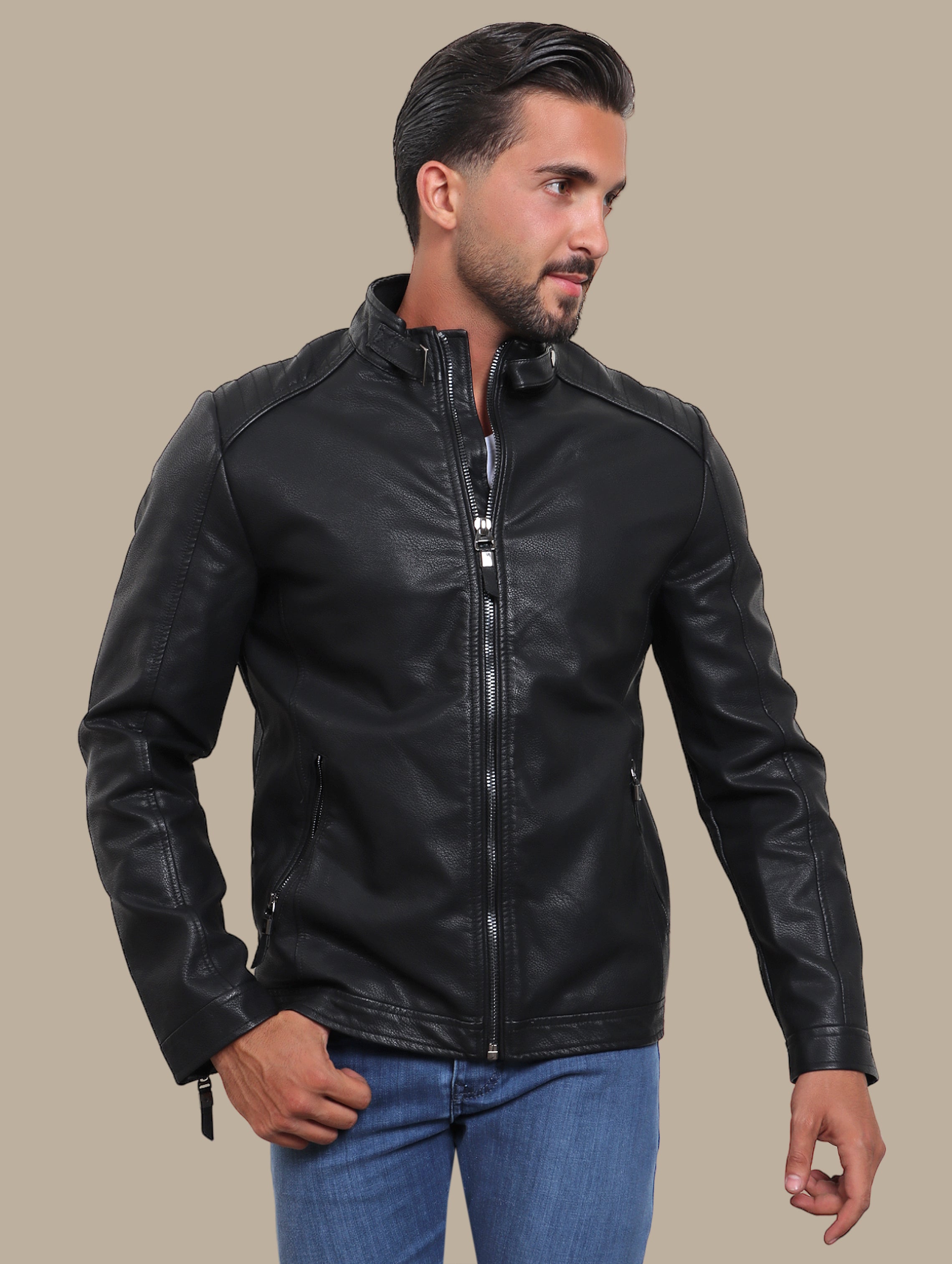 Jacket Faux Leather Col Mao with Buckle | Black