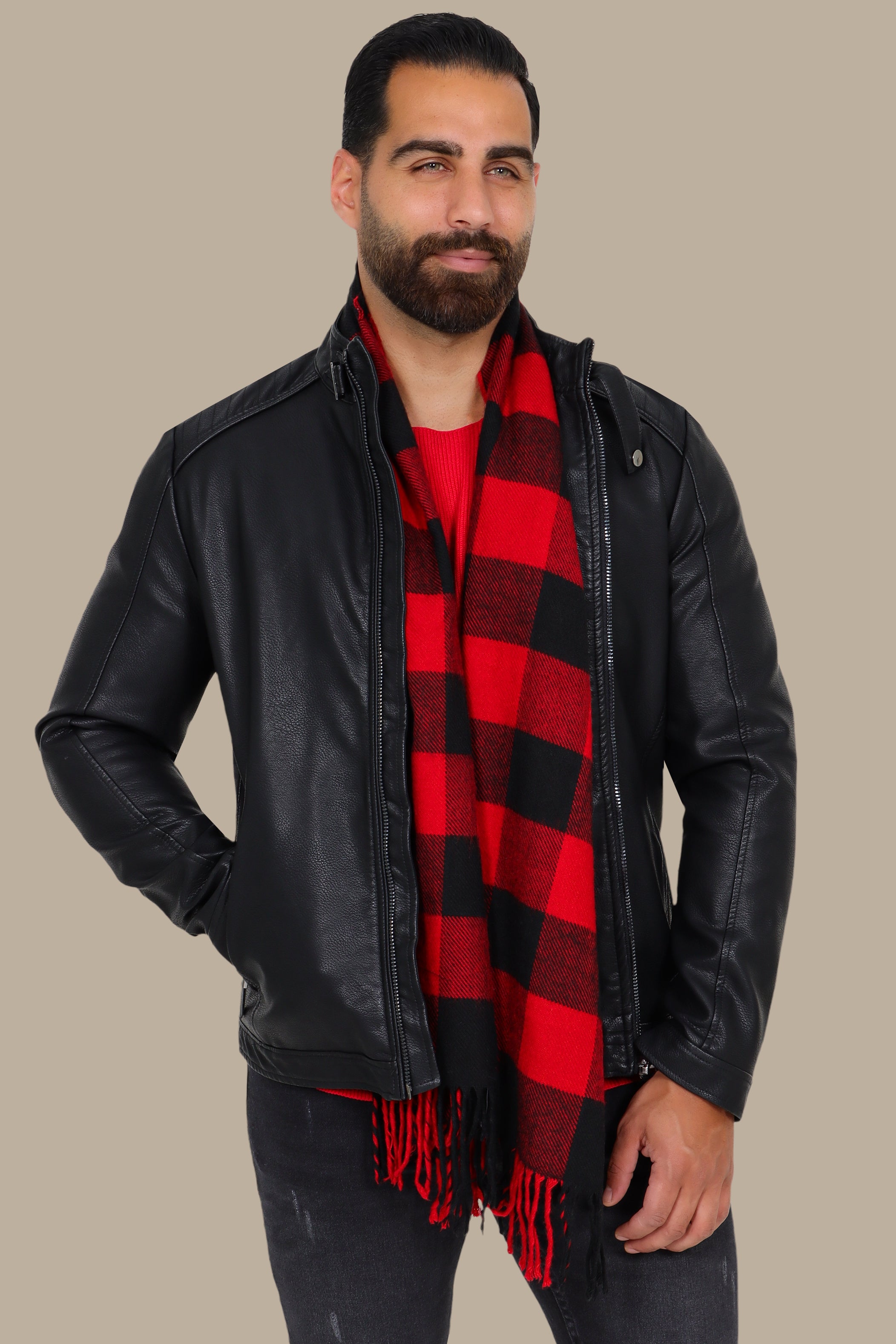 Black Leather Jacket with Mao Collar and Buckle Detail