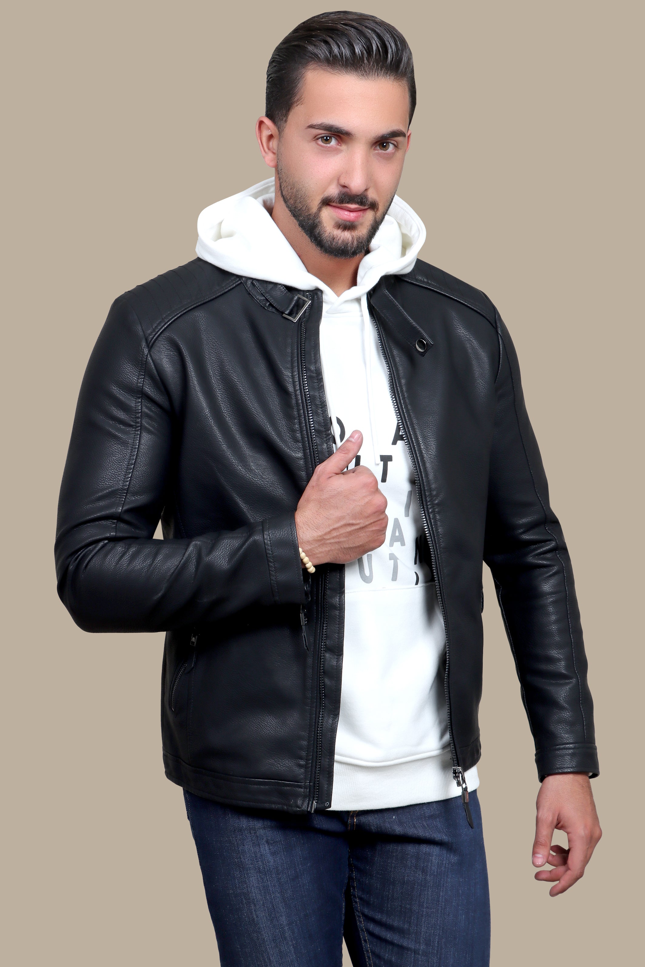 Jacket Faux Leather Col Mao with Buckle | Black