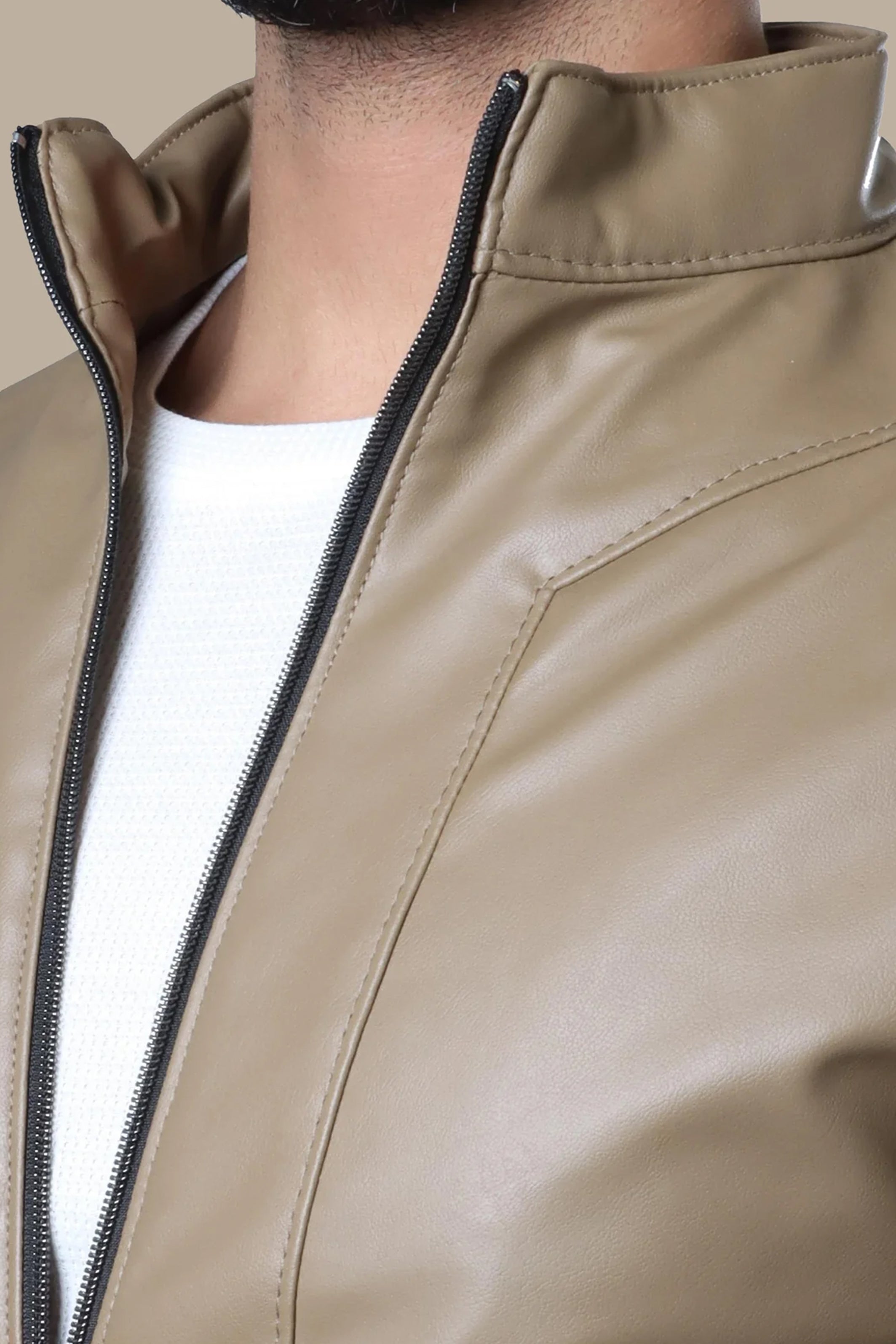 Jacket Faux Leather Col Mao Rider | Beige