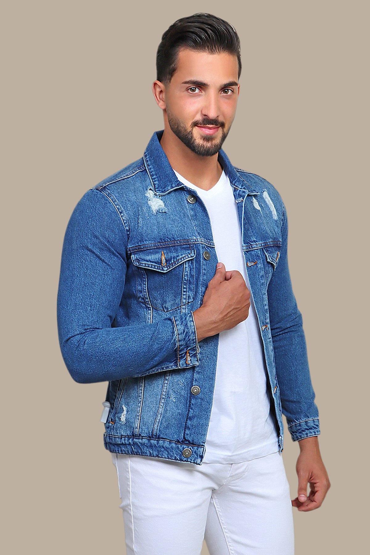 Urban Edge Unleashed: Ripped Denim Jacket for Raw Rebellion