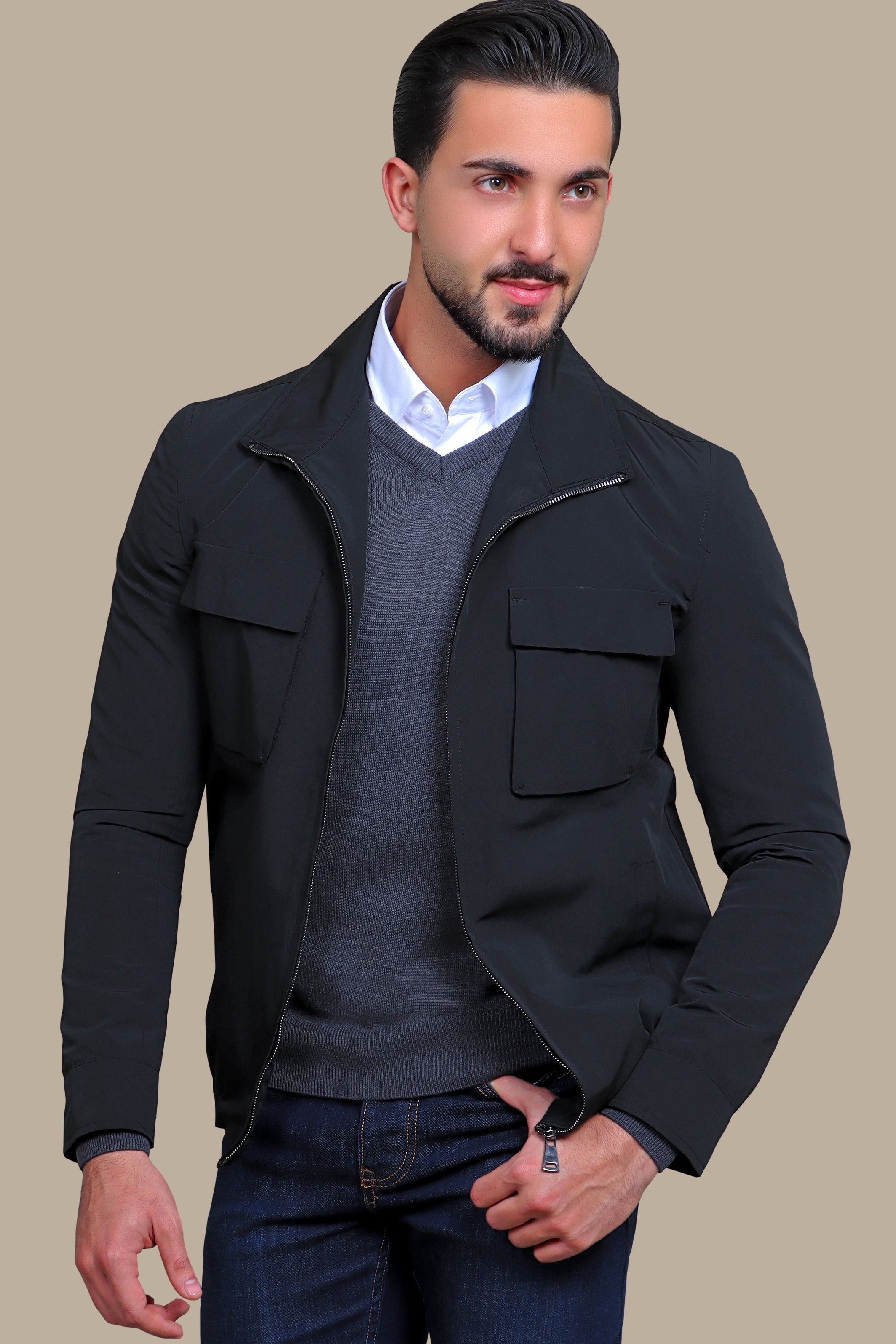 Black Casual 2 Flap Pocket Jacket