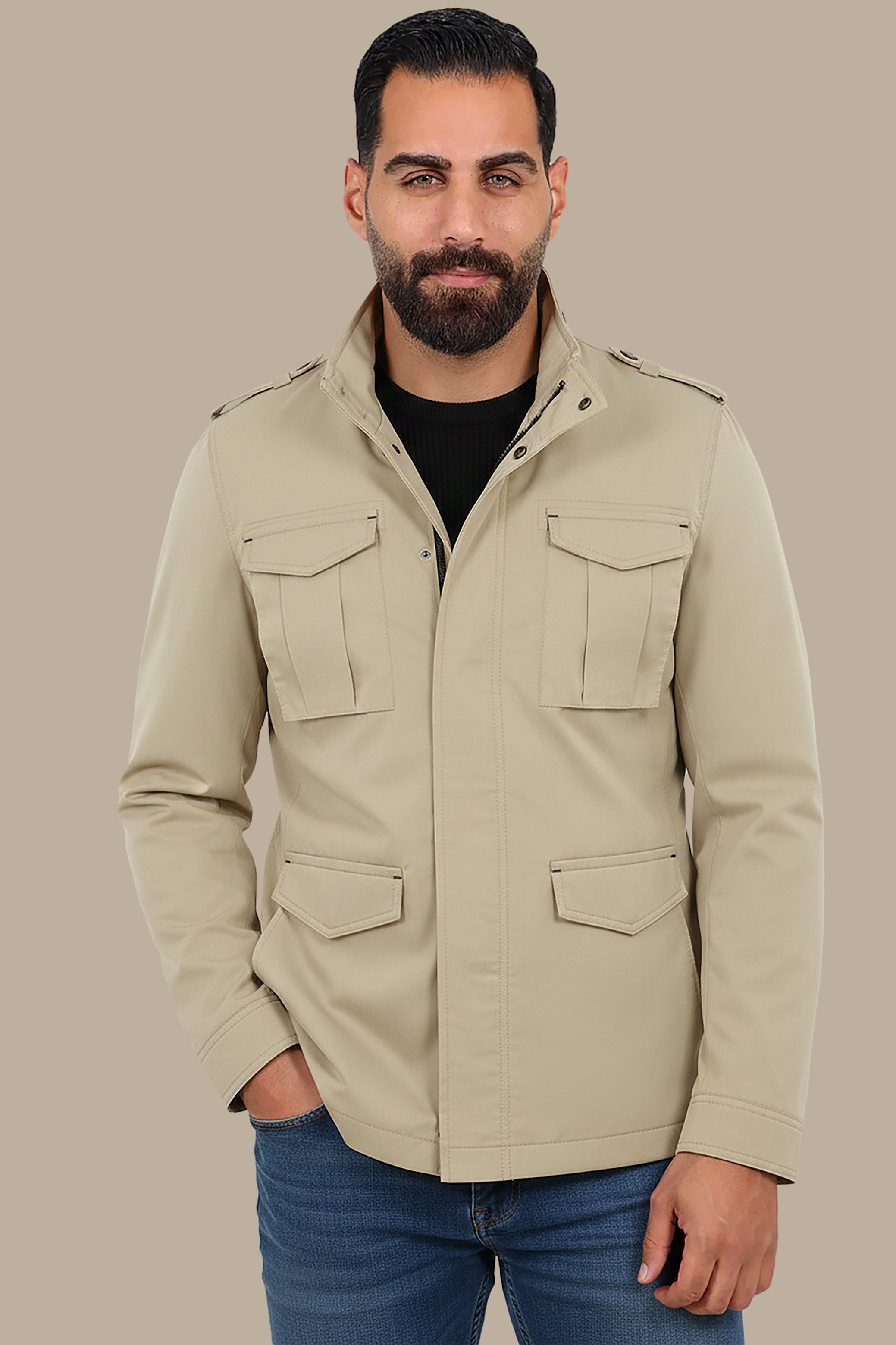 Beige Safari Expedition Jacket: Journey in Style