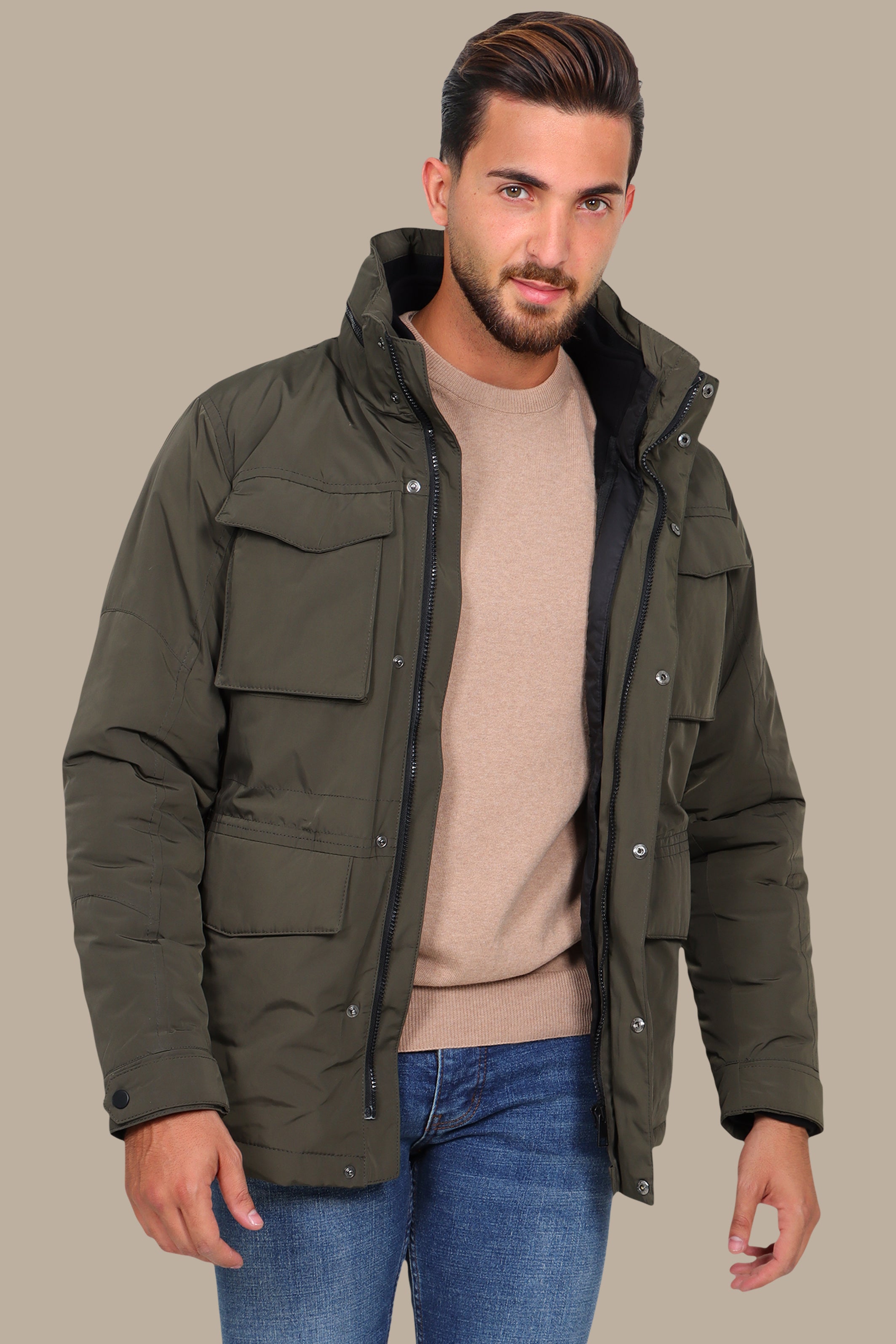 Khaki Windbreaker Jacket with Detachable Hood