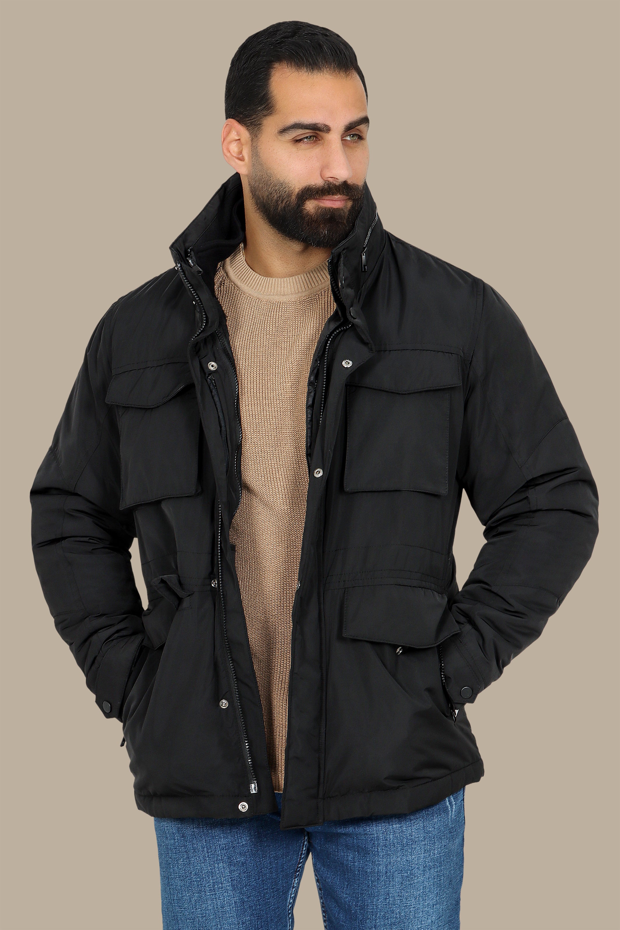 Adaptable Allure: Black Detachable Windbreaker Jacket