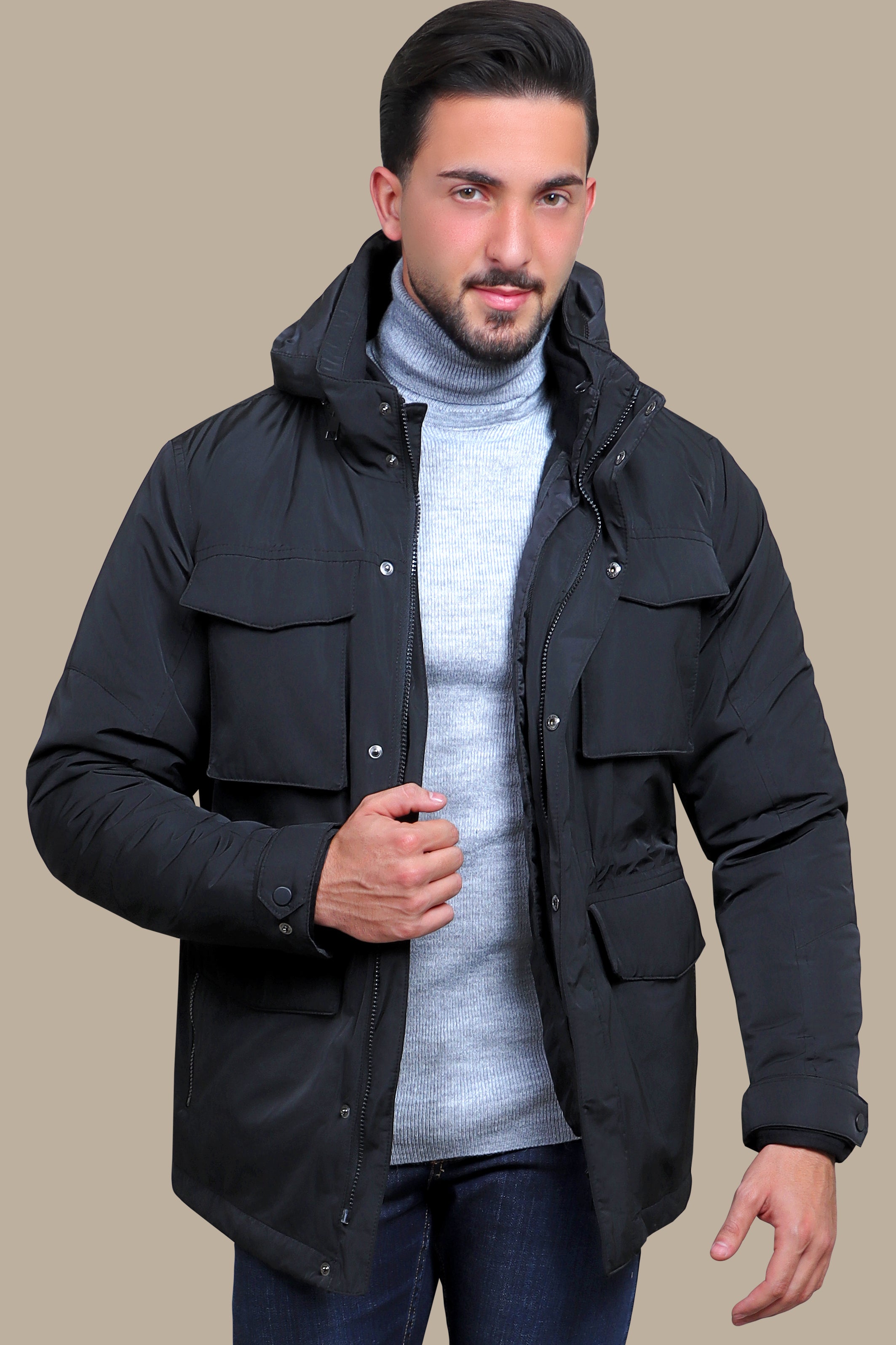 Adaptable Allure: Black Detachable Windbreaker Jacket