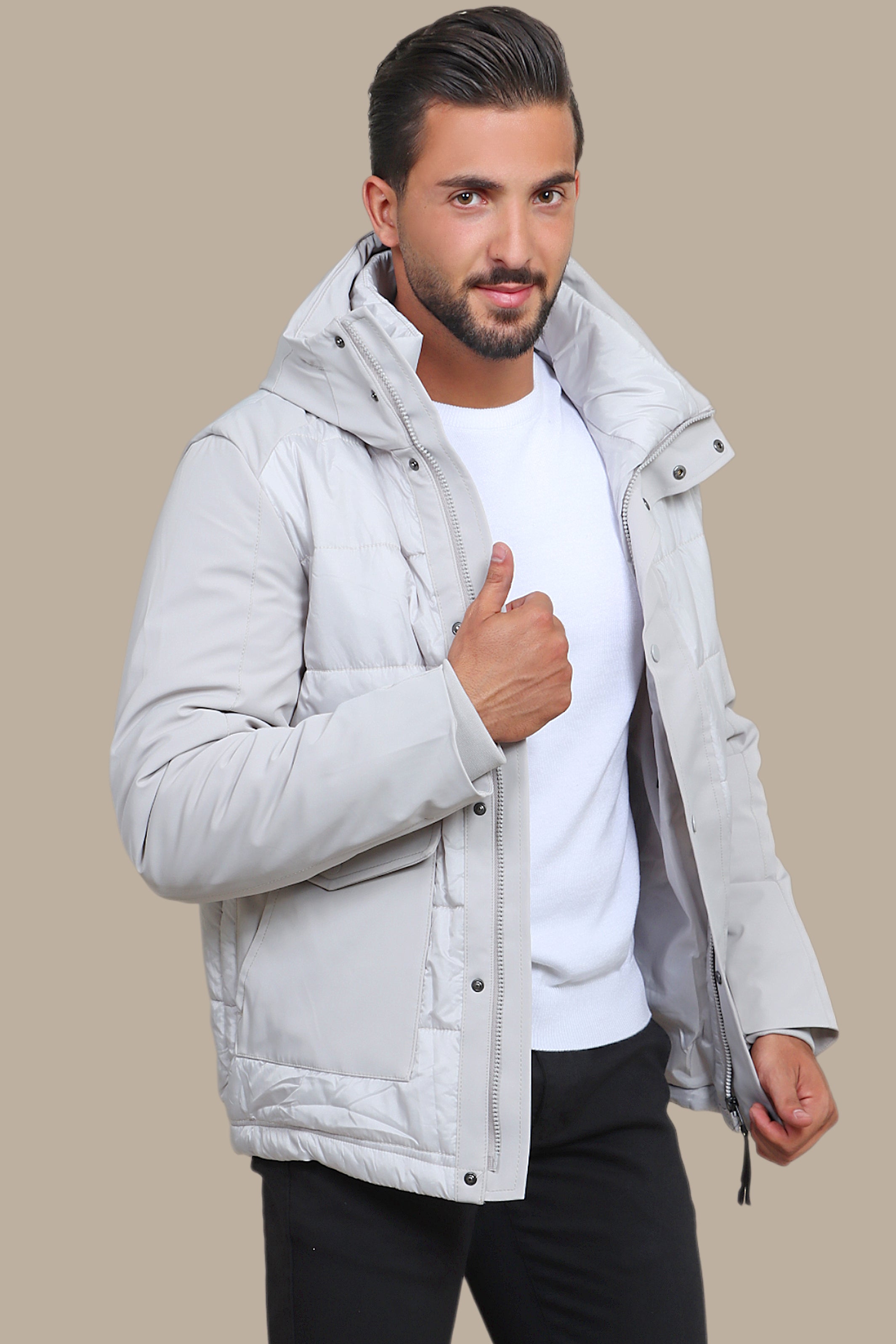 Light Gray Wind Breaker: Stay Stylish and Functional with Two Spacious Pockets