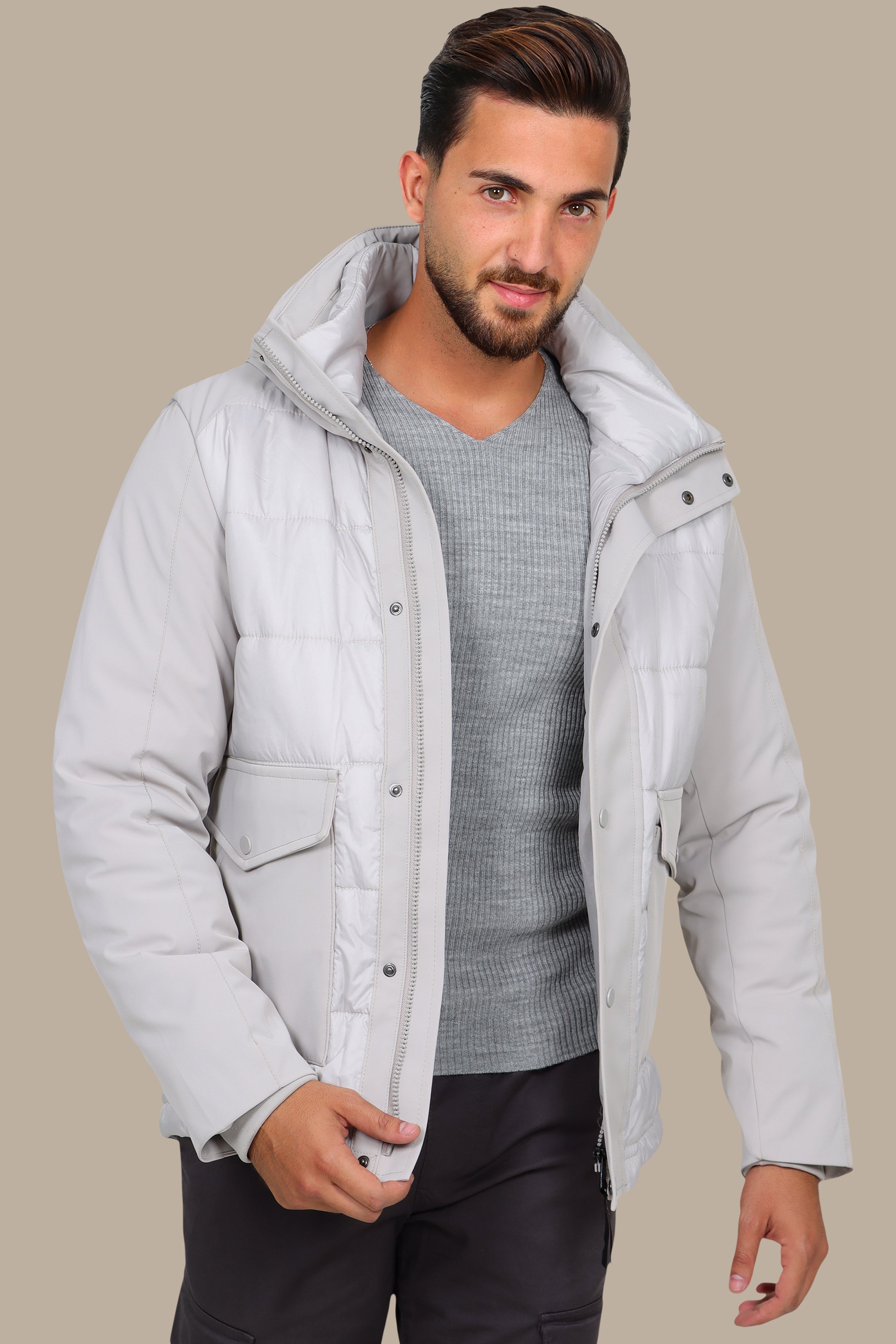 Light Gray Wind Breaker: Stay Stylish and Functional with Two Spacious Pockets