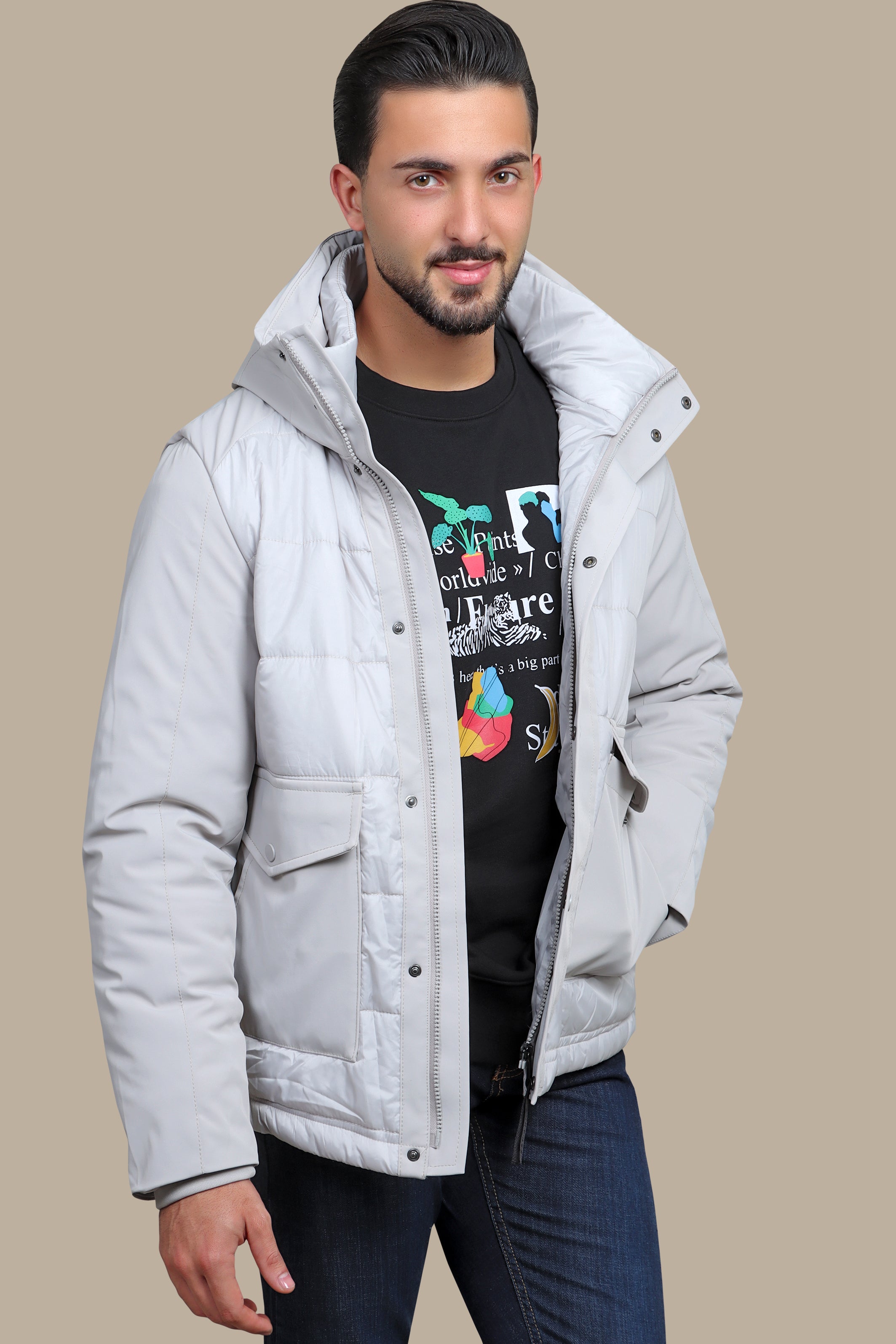 Light Gray Wind Breaker: Stay Stylish and Functional with Two Spacious Pockets