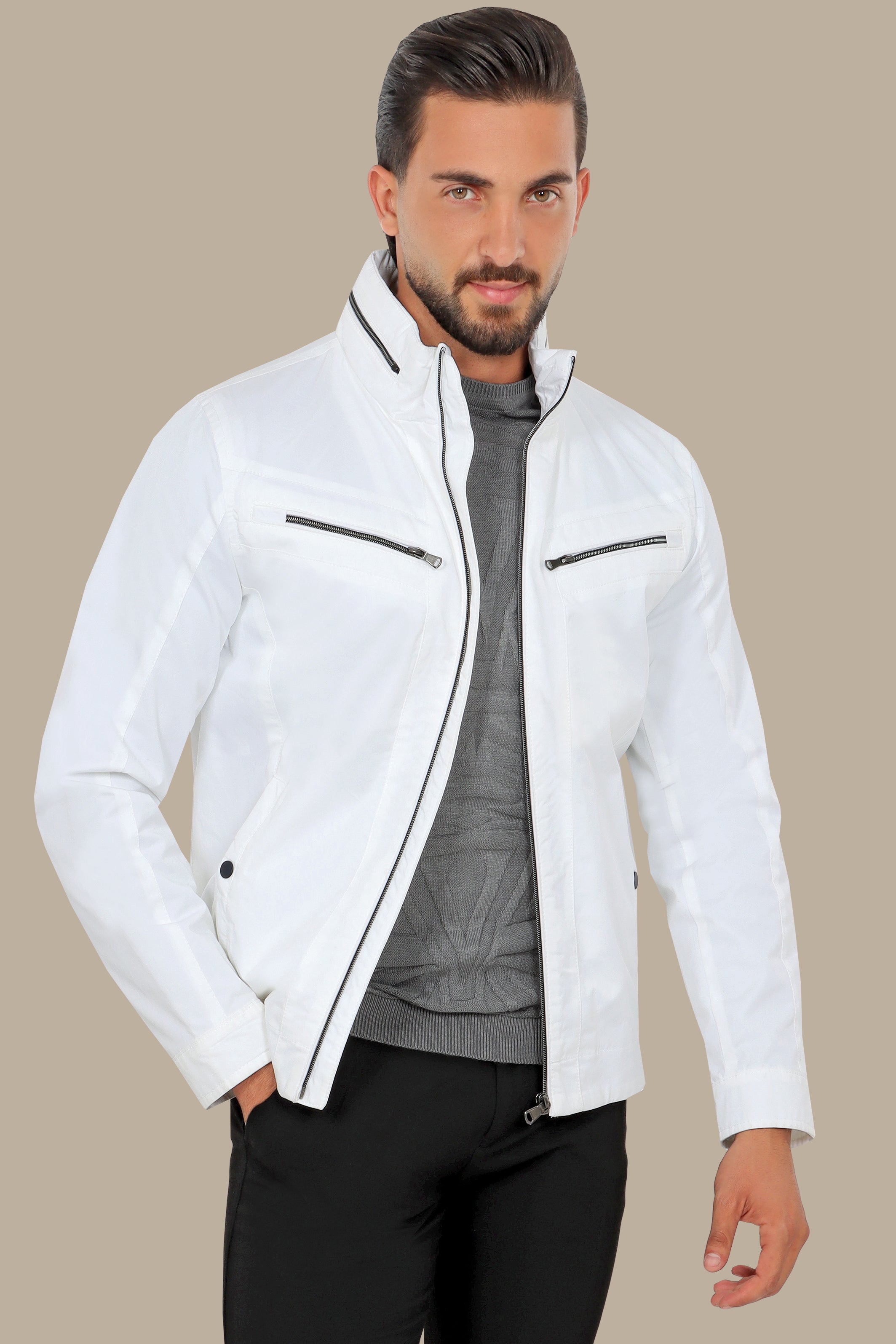 Dual-Zipper White Comfort Jacket: Versatile Style Meets Ultimate Comfort