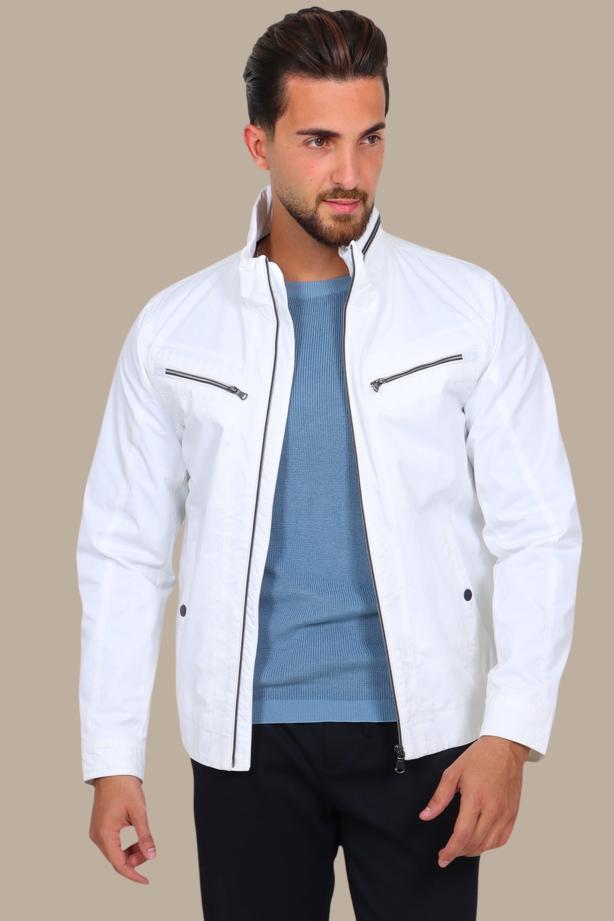Dual-Zipper White Comfort Jacket: Versatile Style Meets Ultimate Comfort
