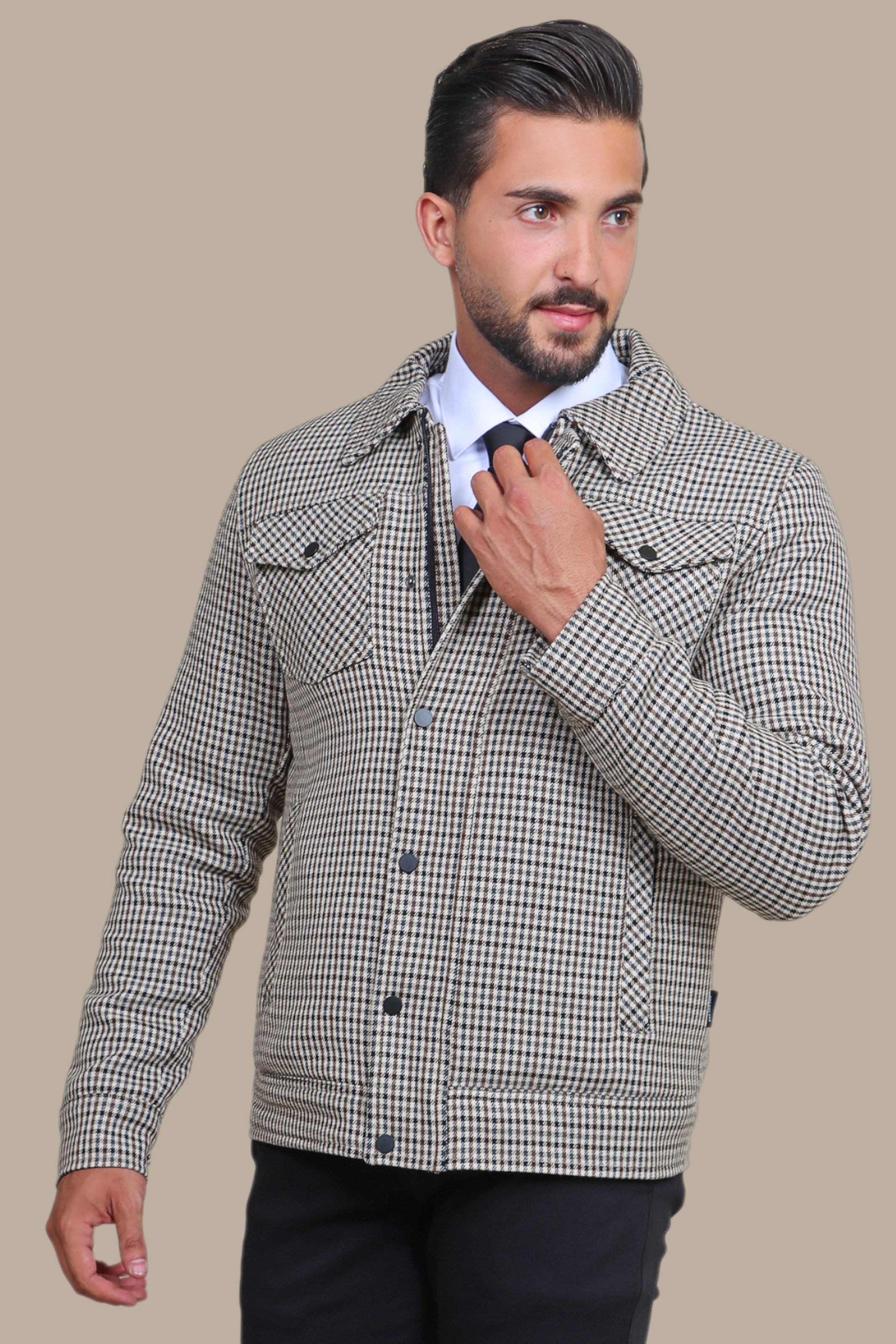 Brown Gingham Chic: A Jacket with Two Flap Pockets