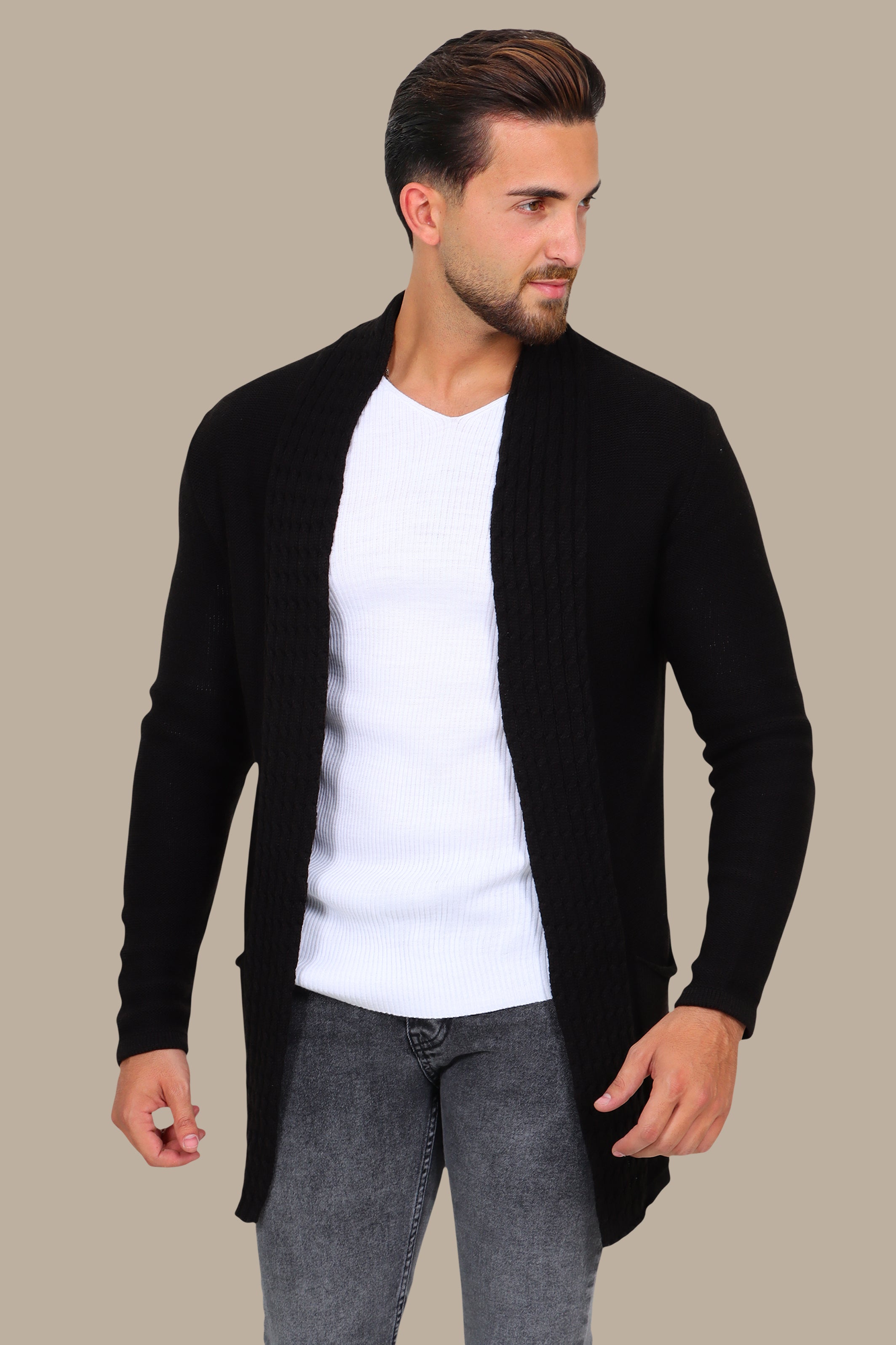 Black Braided Collar Long Cardigan Jacket