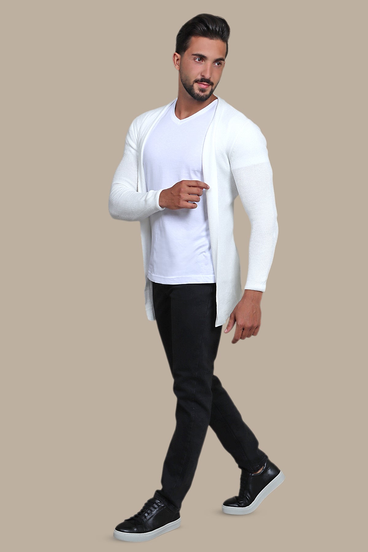 Elegant Ivory Elegance: The White Ribbed Long Cardigan