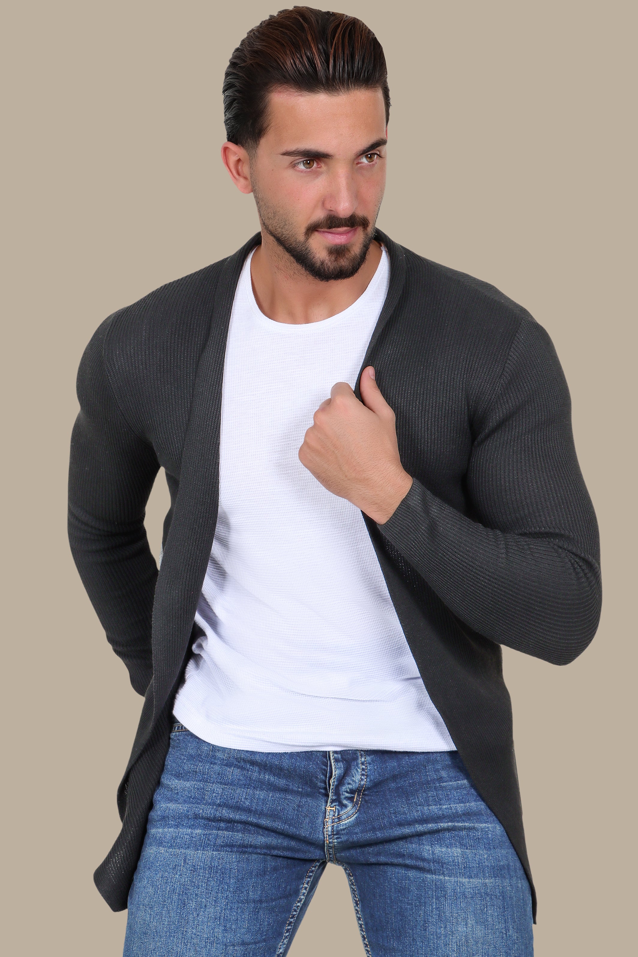 Enigmatic Obsidian Embrace: The Mysterious Black Ribbed Long Cardigan