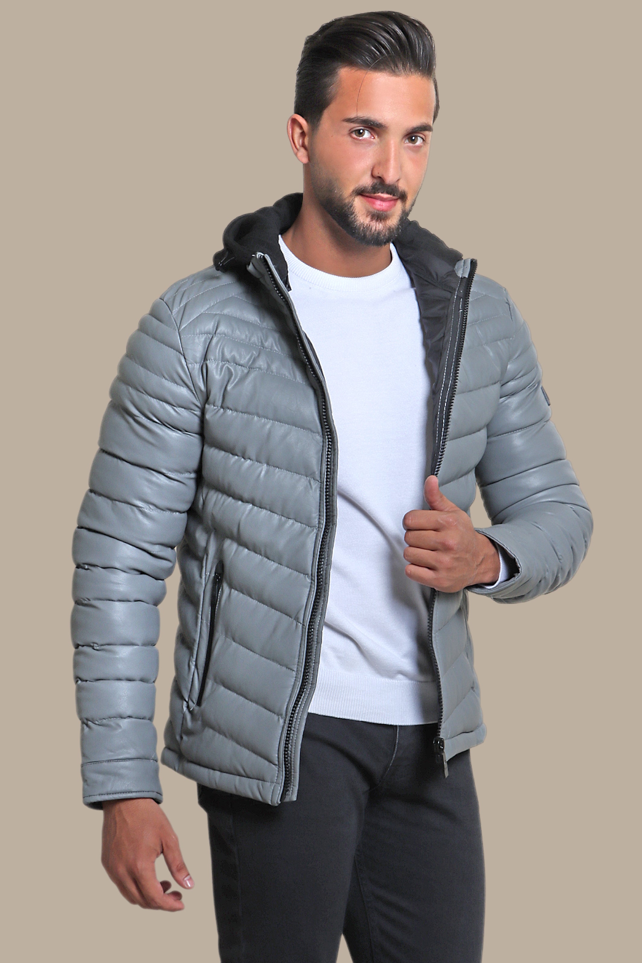 Gray Elegance: Hooded Leather Puffer Jacket