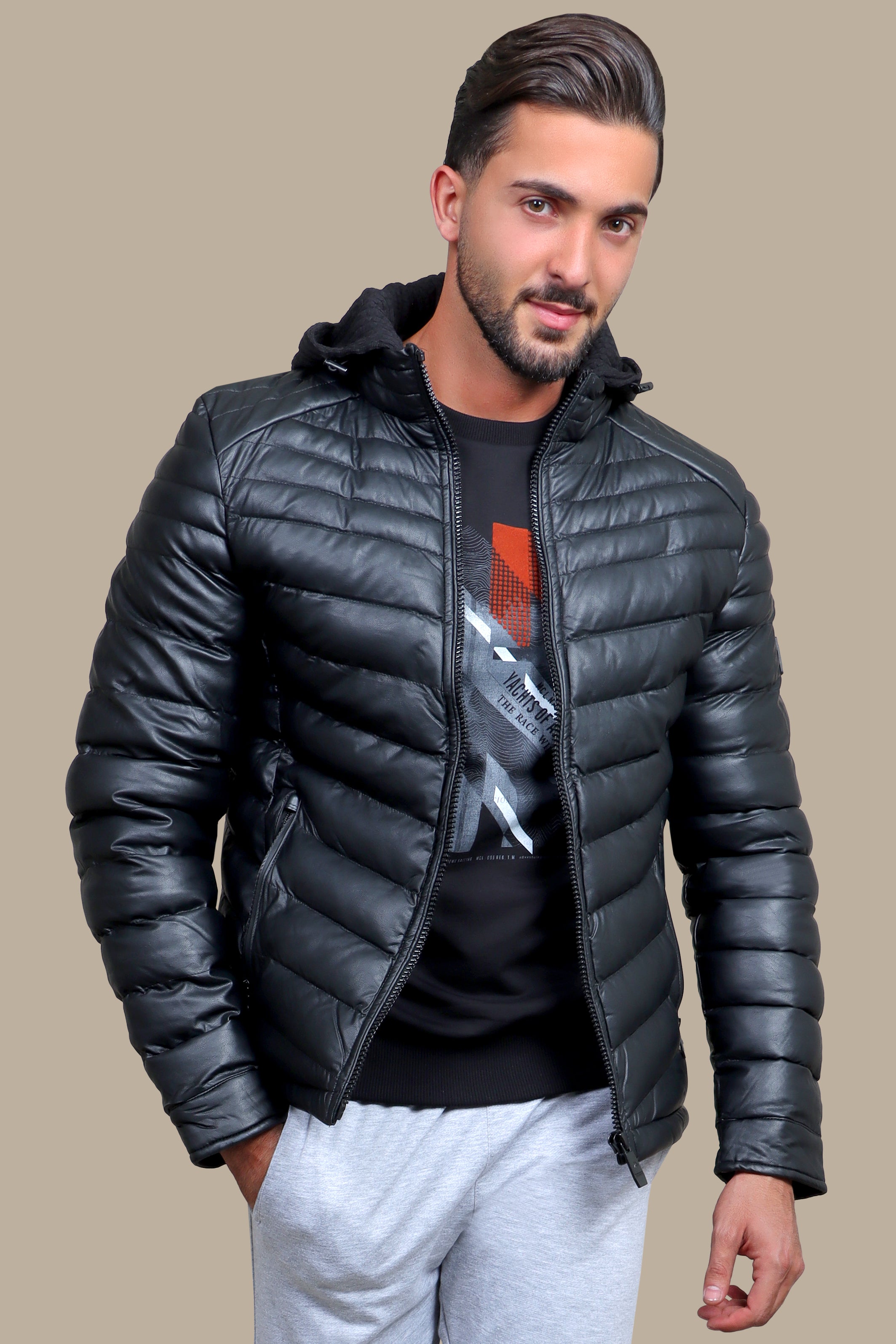 Midnight Elegance: Black Leather Puffer Jacket with Hoodie