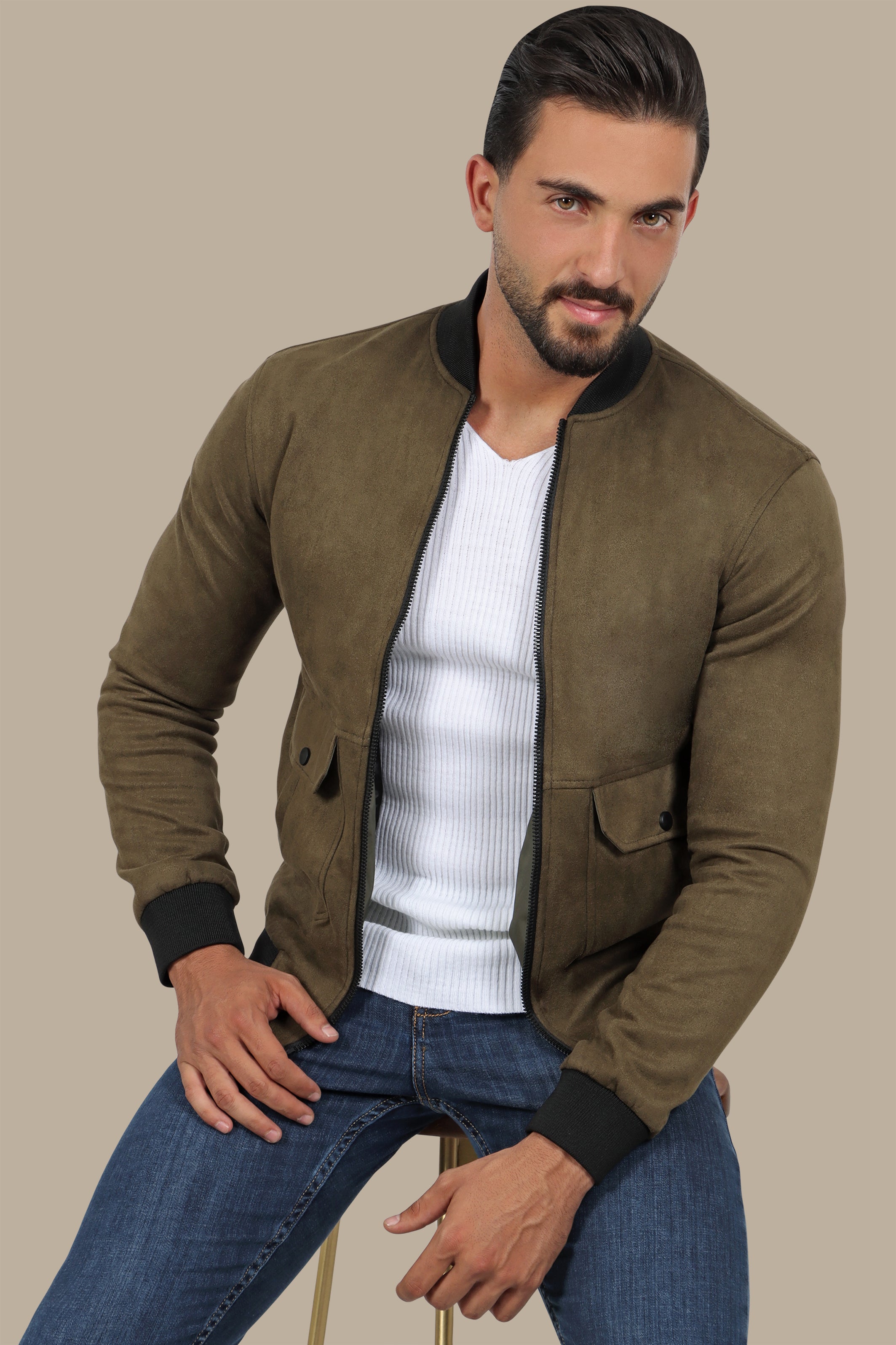 Olive Elegance: Col Mao Blouson Jacket