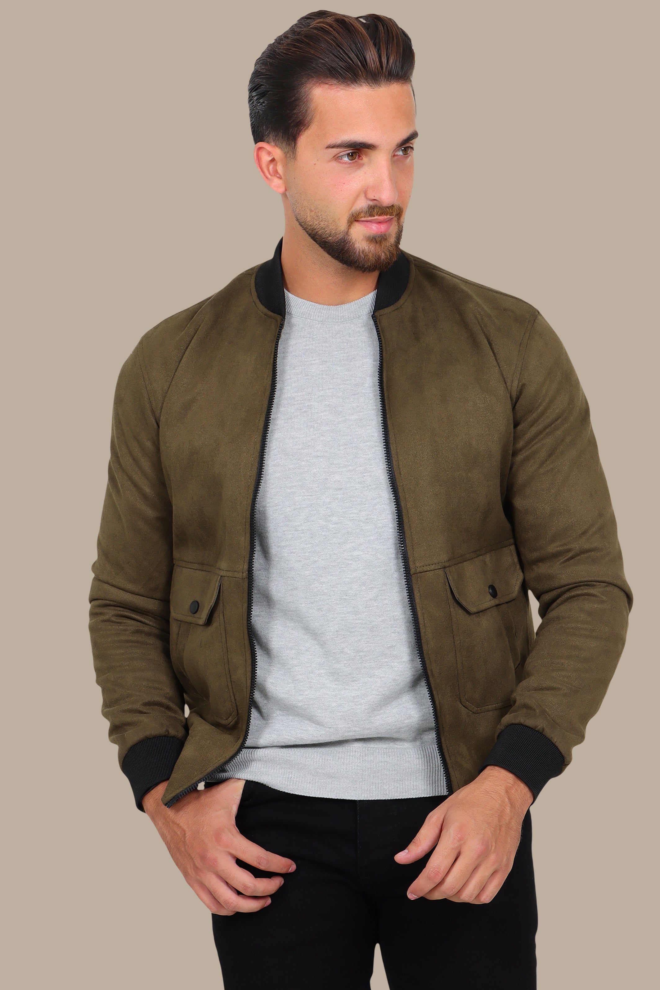 Olive Elegance: Col Mao Blouson Jacket
