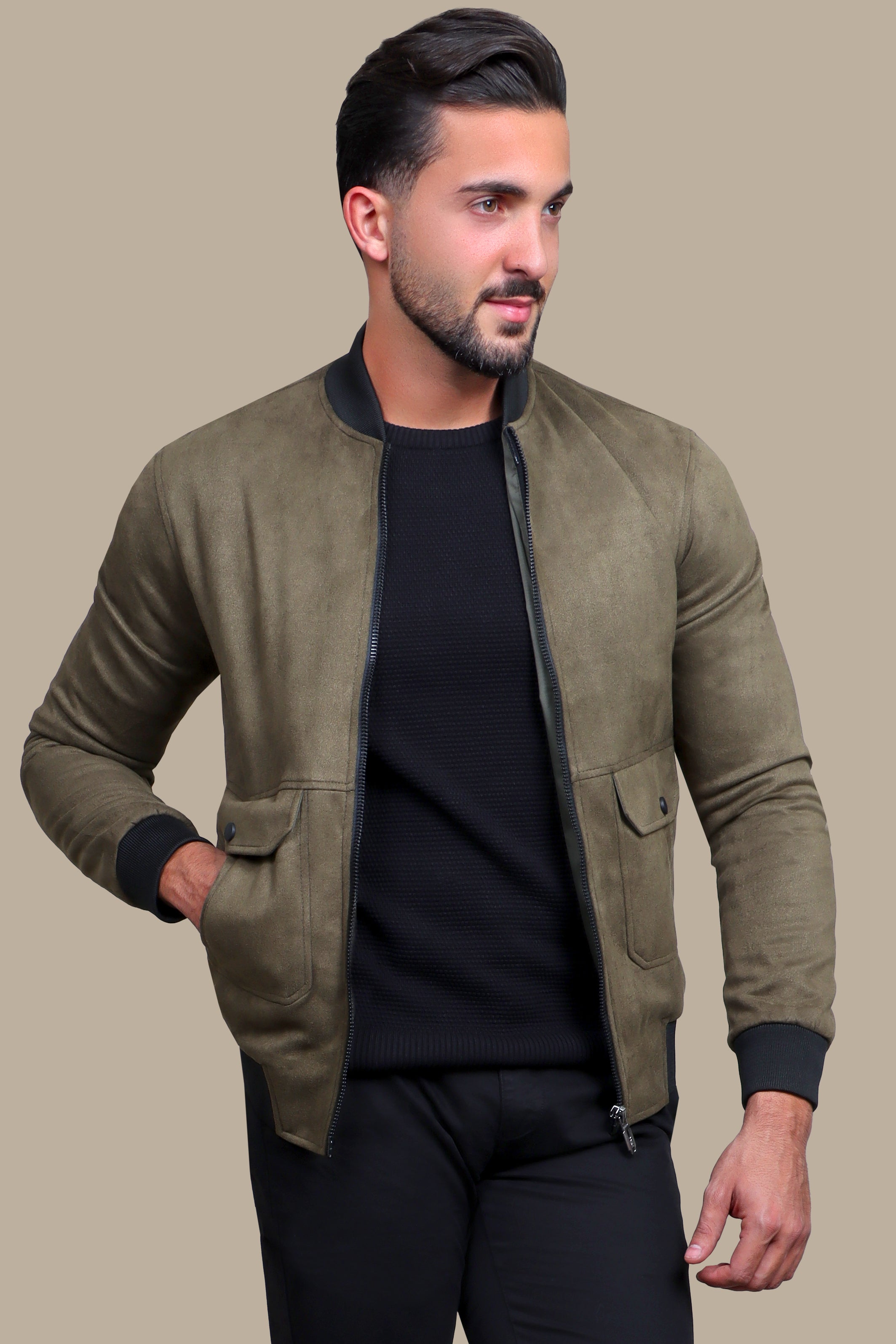 Olive Elegance: Col Mao Blouson Jacket