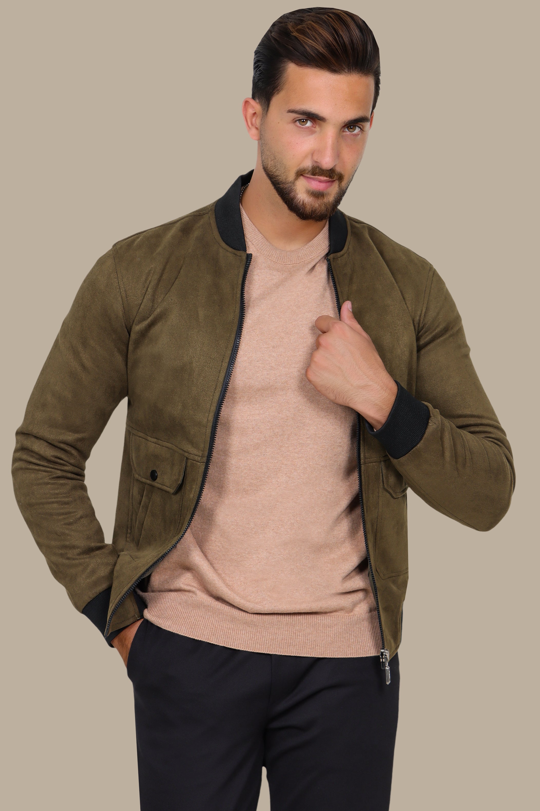 Olive Elegance: Col Mao Blouson Jacket