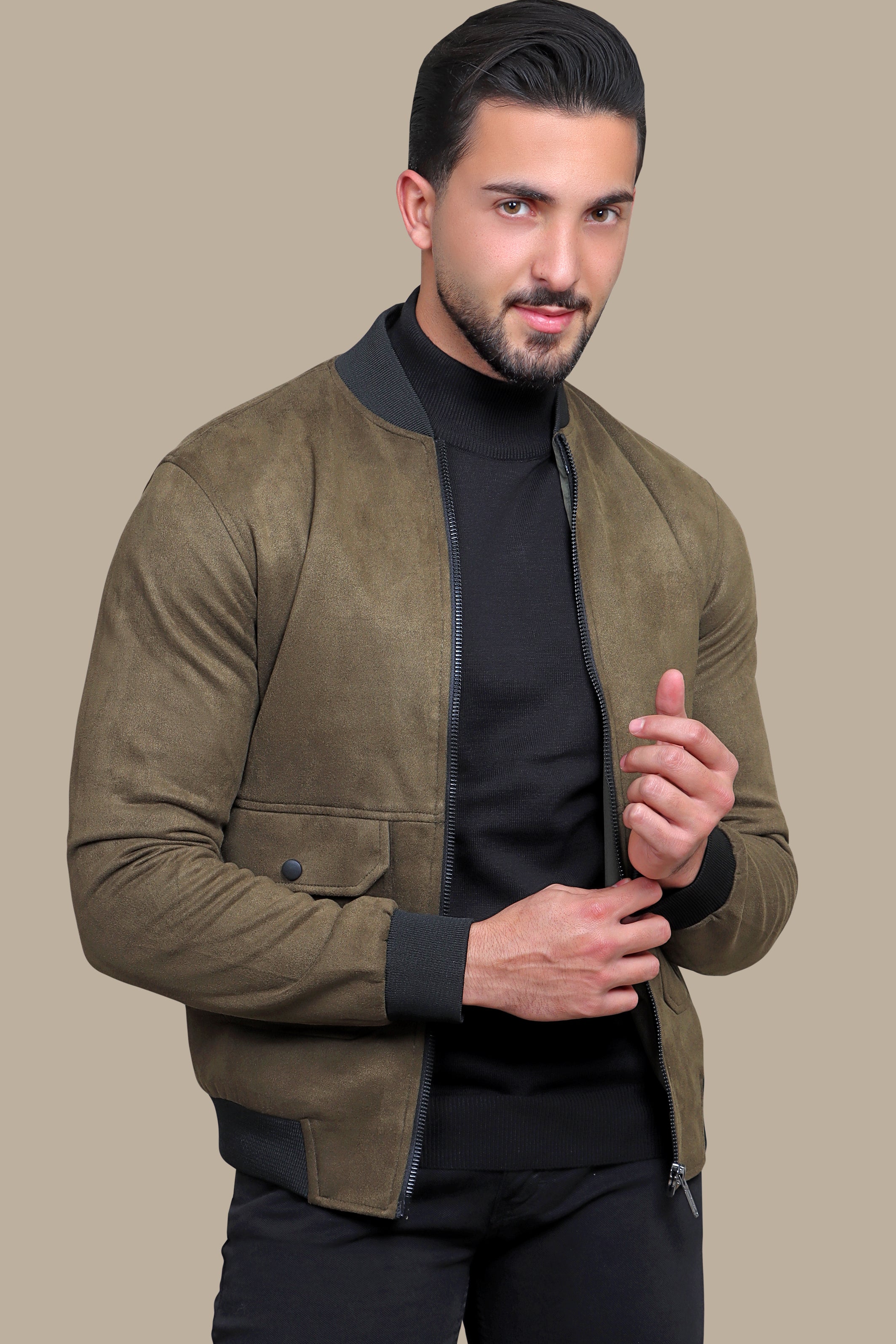 Olive Elegance: Col Mao Blouson Jacket