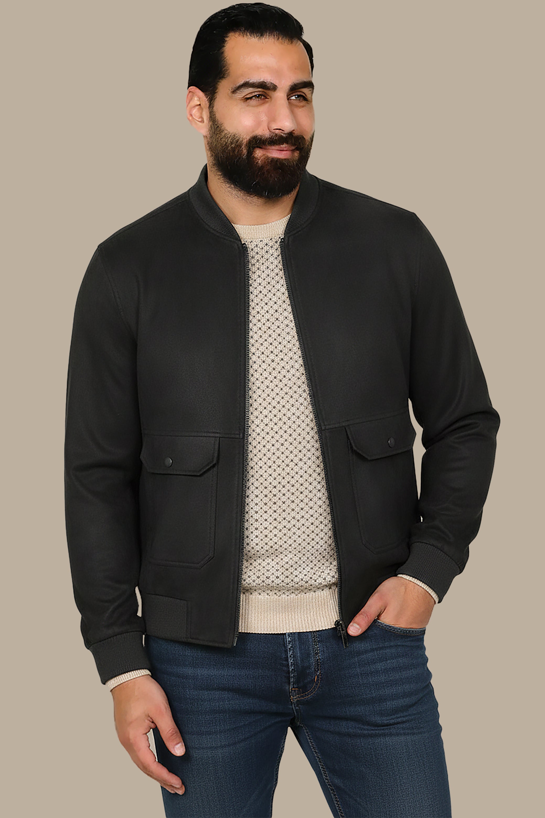 Faux Suede Blouson Jacket with Mao Collar