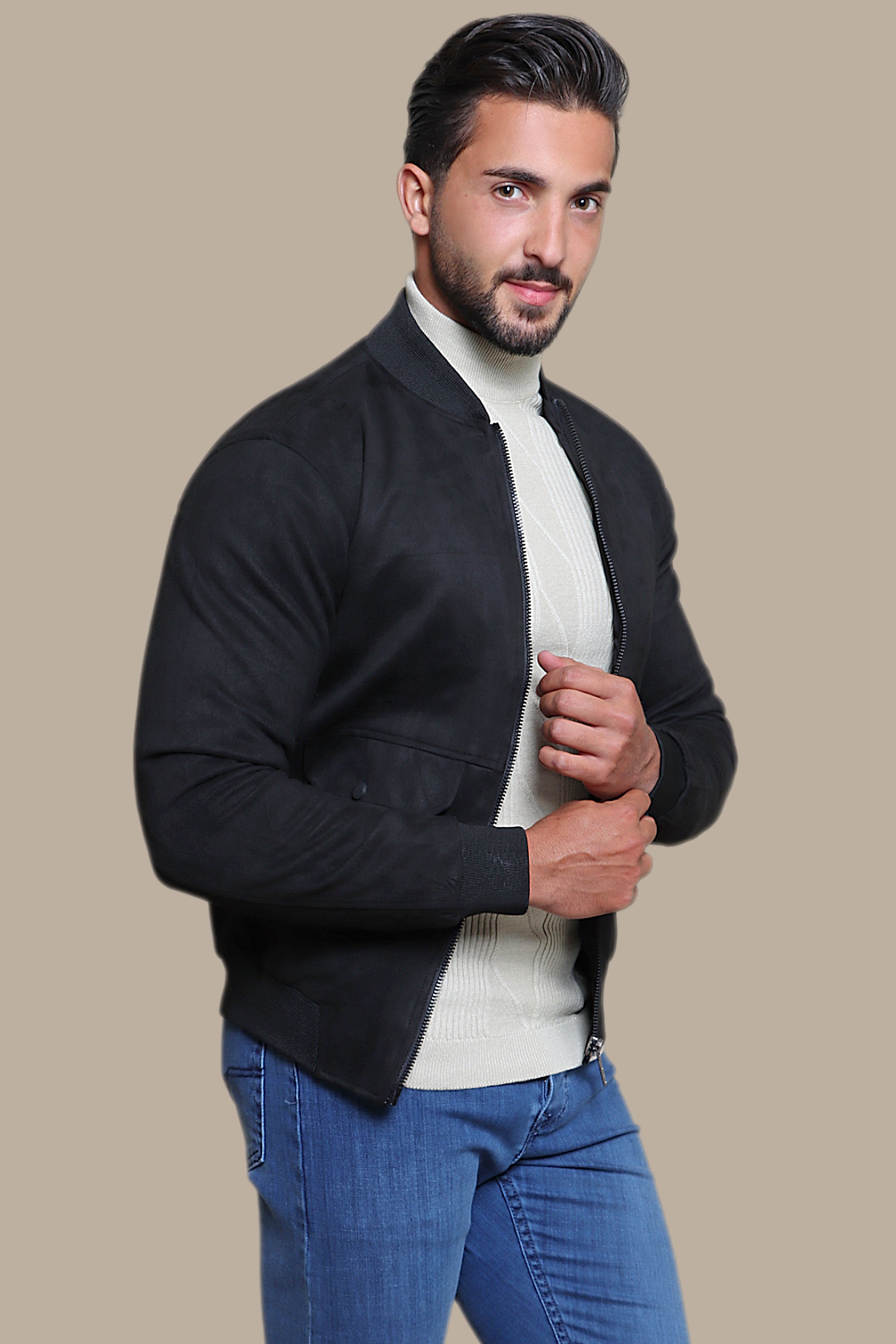 Faux Suede Blouson Jacket with Mao Collar