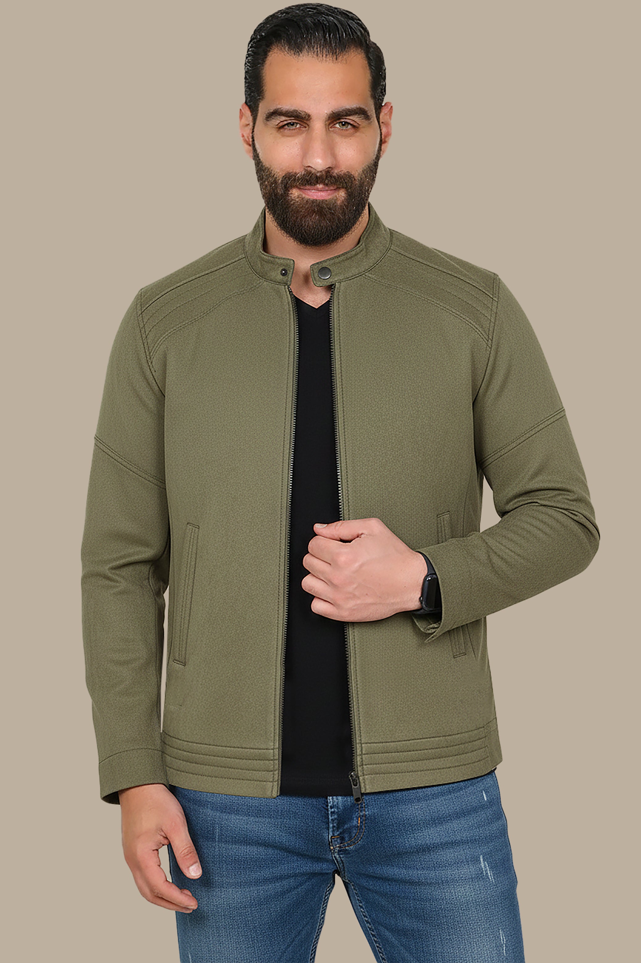 Khaki Comfort: Col Mao Faux Dan Jacket