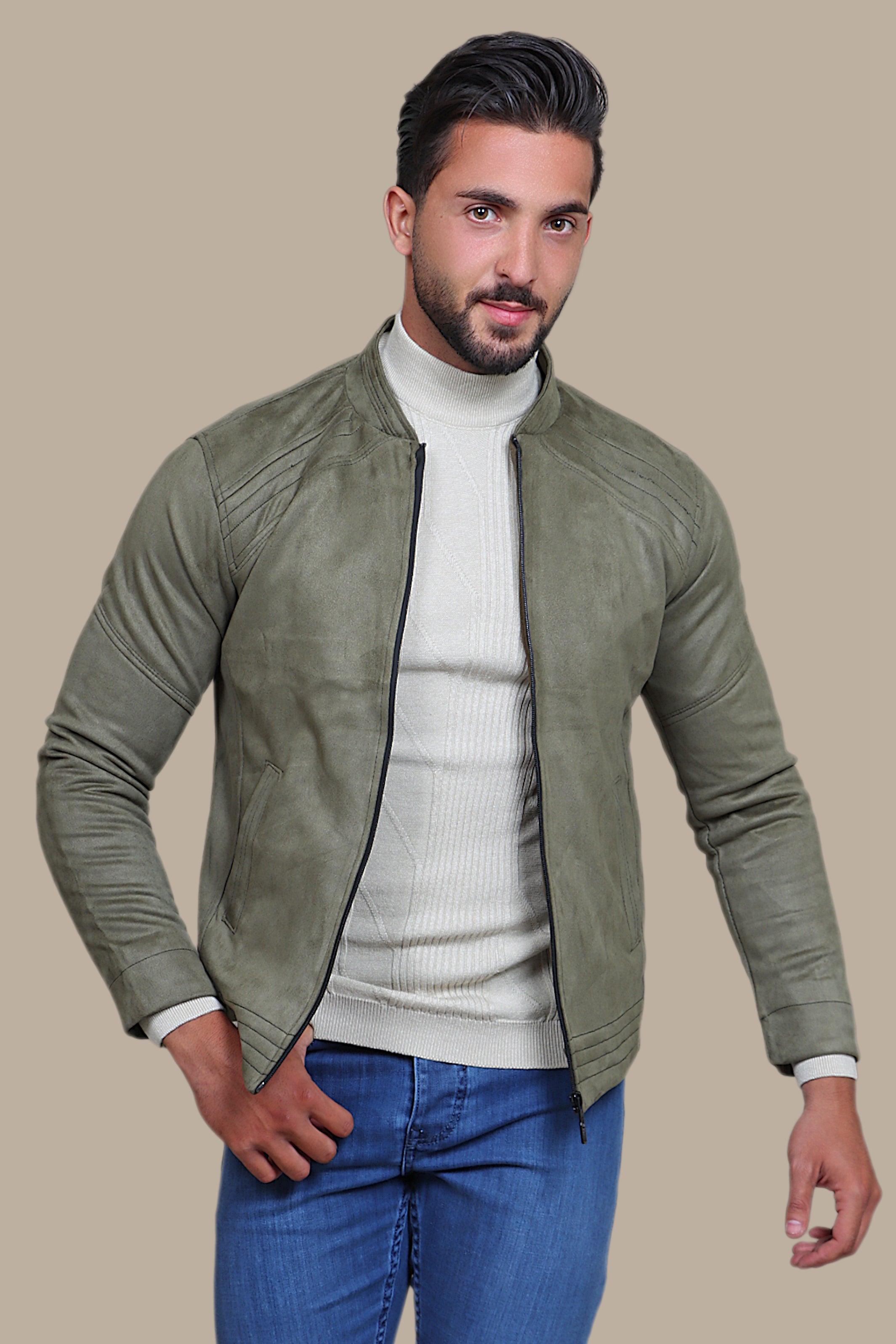 Khaki Comfort: Col Mao Faux Dan Jacket