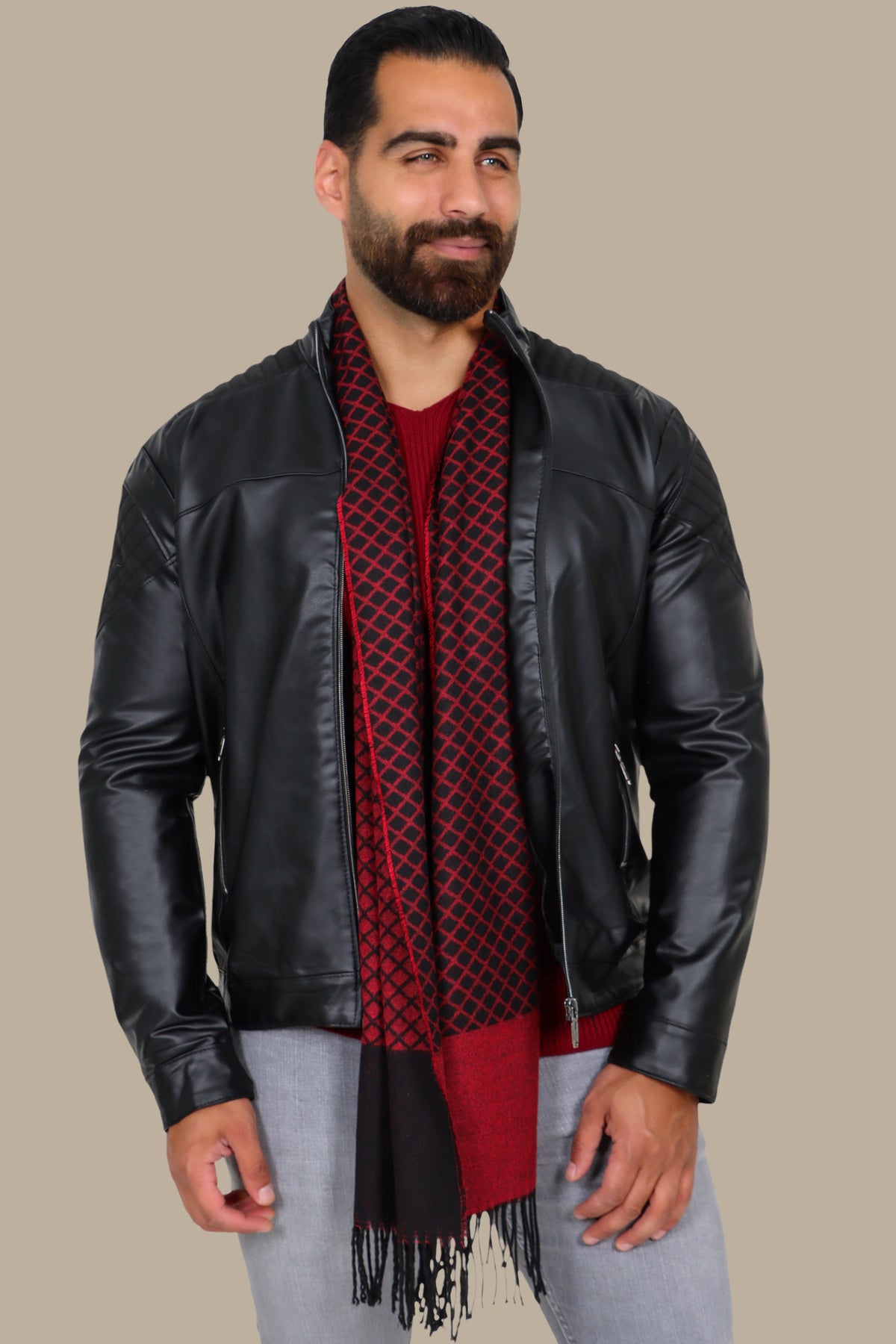 Black Faux Leather Mao Collar Jacket with Mixed Fabric