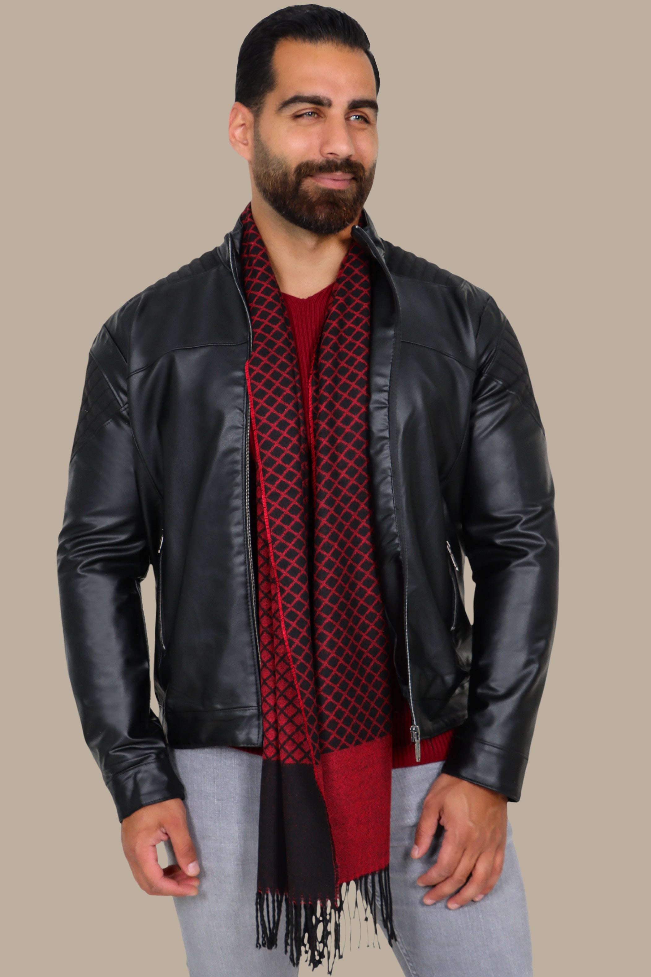 Black Faux Leather Mao Collar Jacket with Mixed Fabric