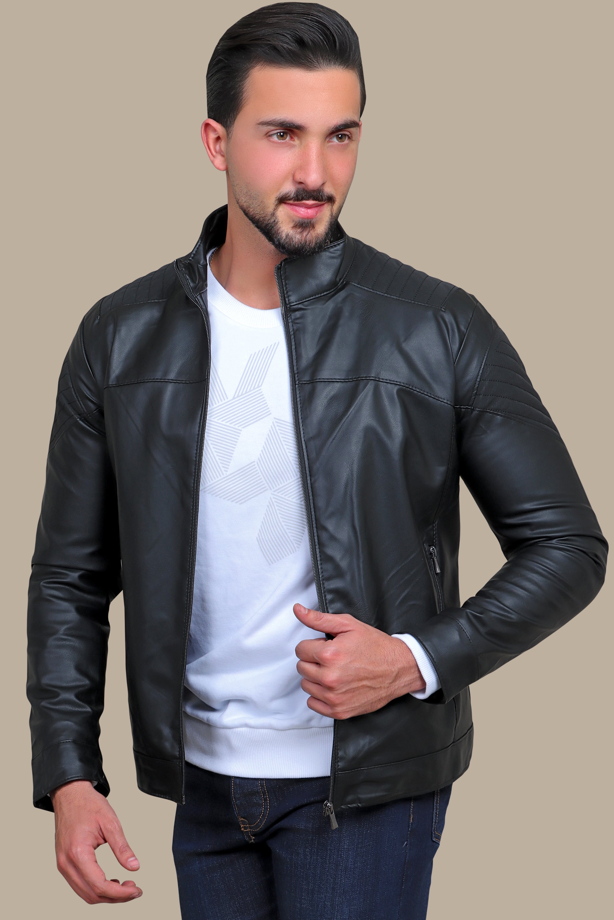 Black Faux Leather Mao Collar Jacket with Mixed Fabric