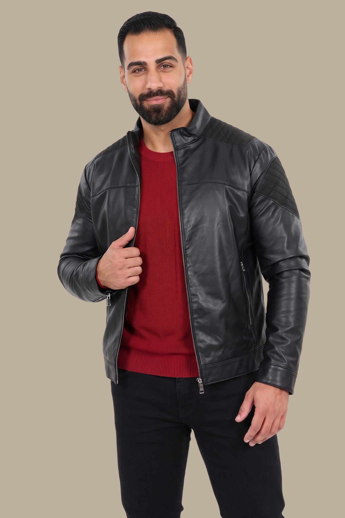Black Faux Leather Mao Collar Jacket with Mixed Fabric