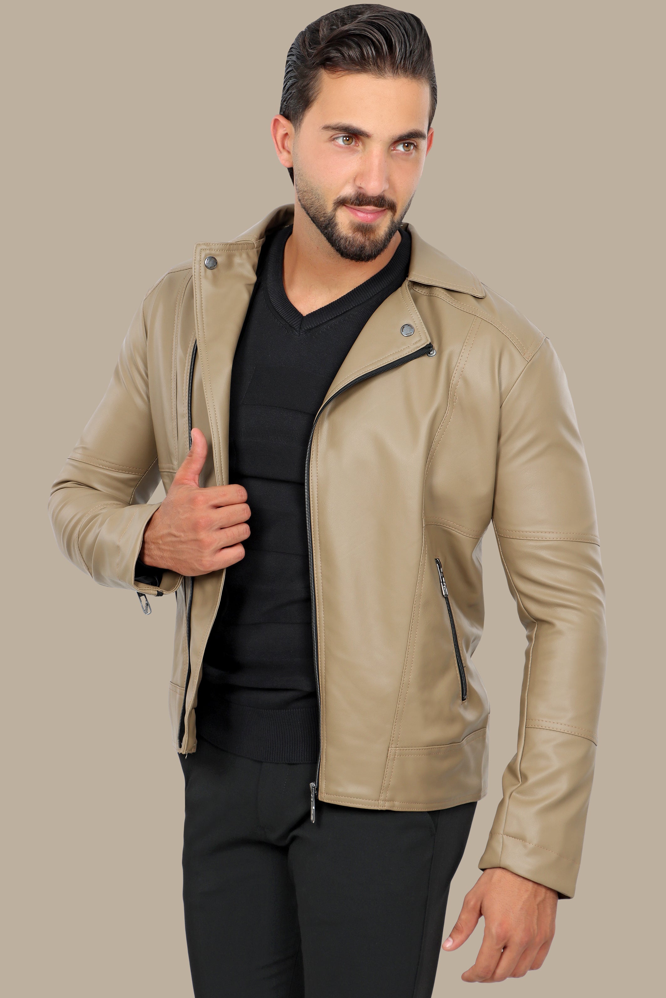 Chic Beige Faux Leather Biker Jacket with Wide Collar