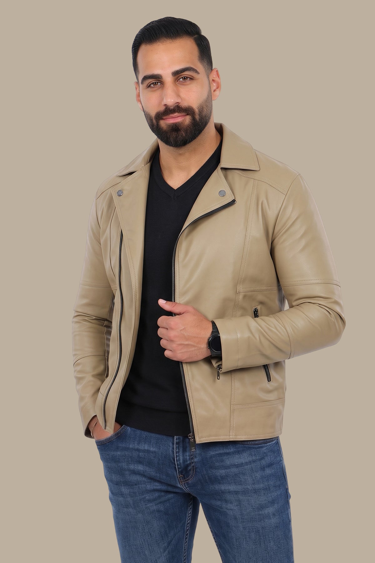 Chic Beige Faux Leather Biker Jacket with Wide Collar